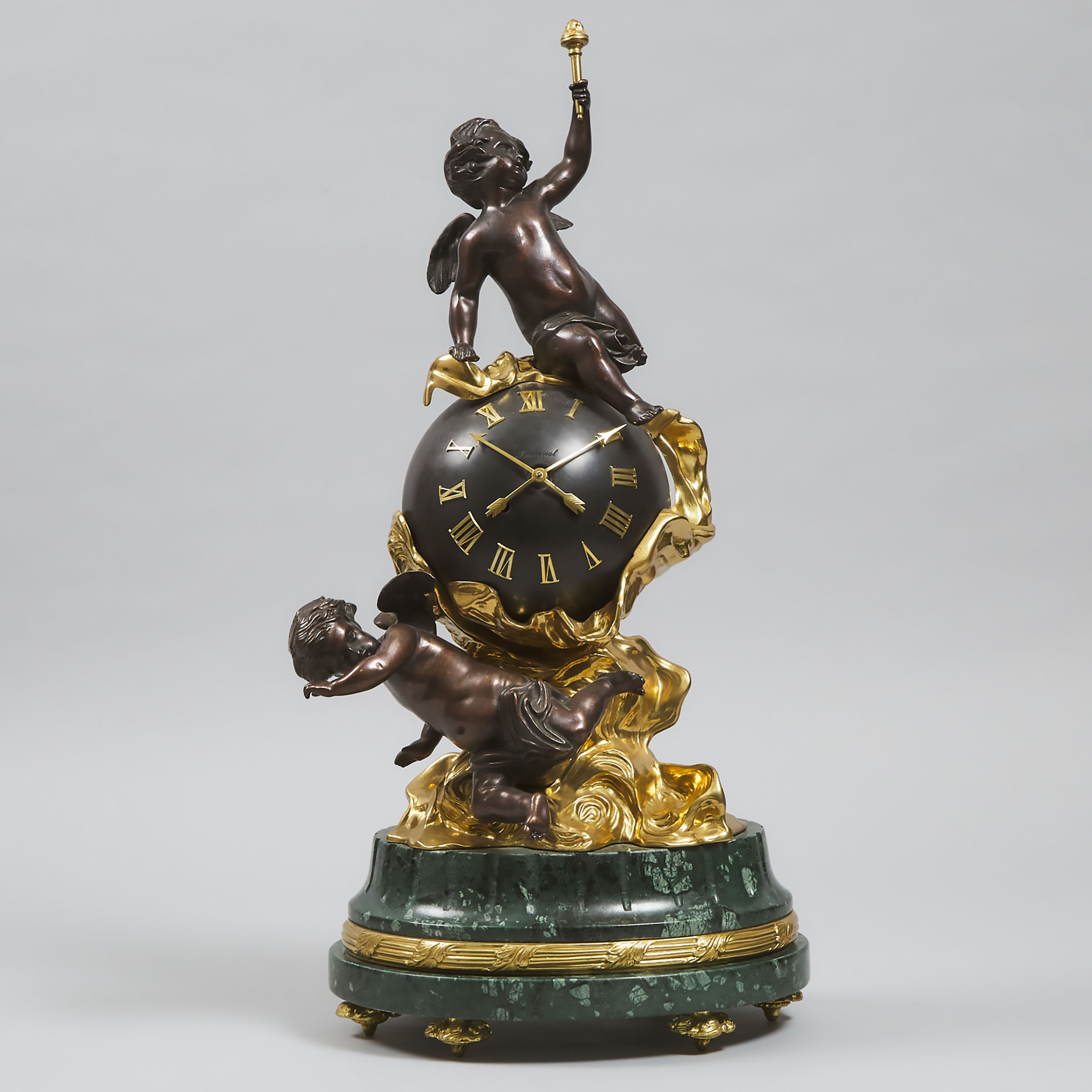 Large Louis XV Style Ormolu Mounted Marble and Bronze Orb Clock, mid to late 20th century