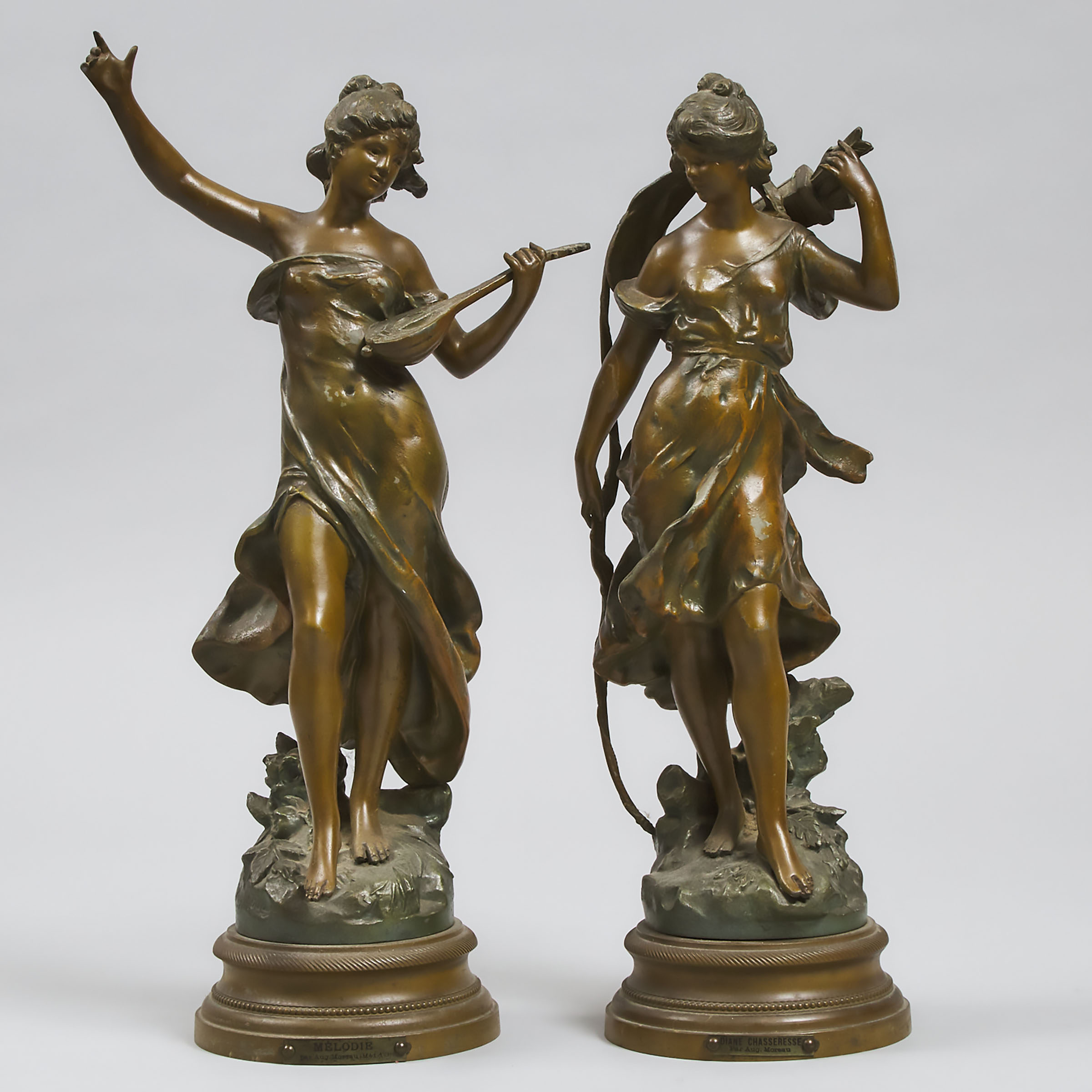 Pair of Art Nouveau Patinated Metal Figures, after Auguste Moureau c.1890