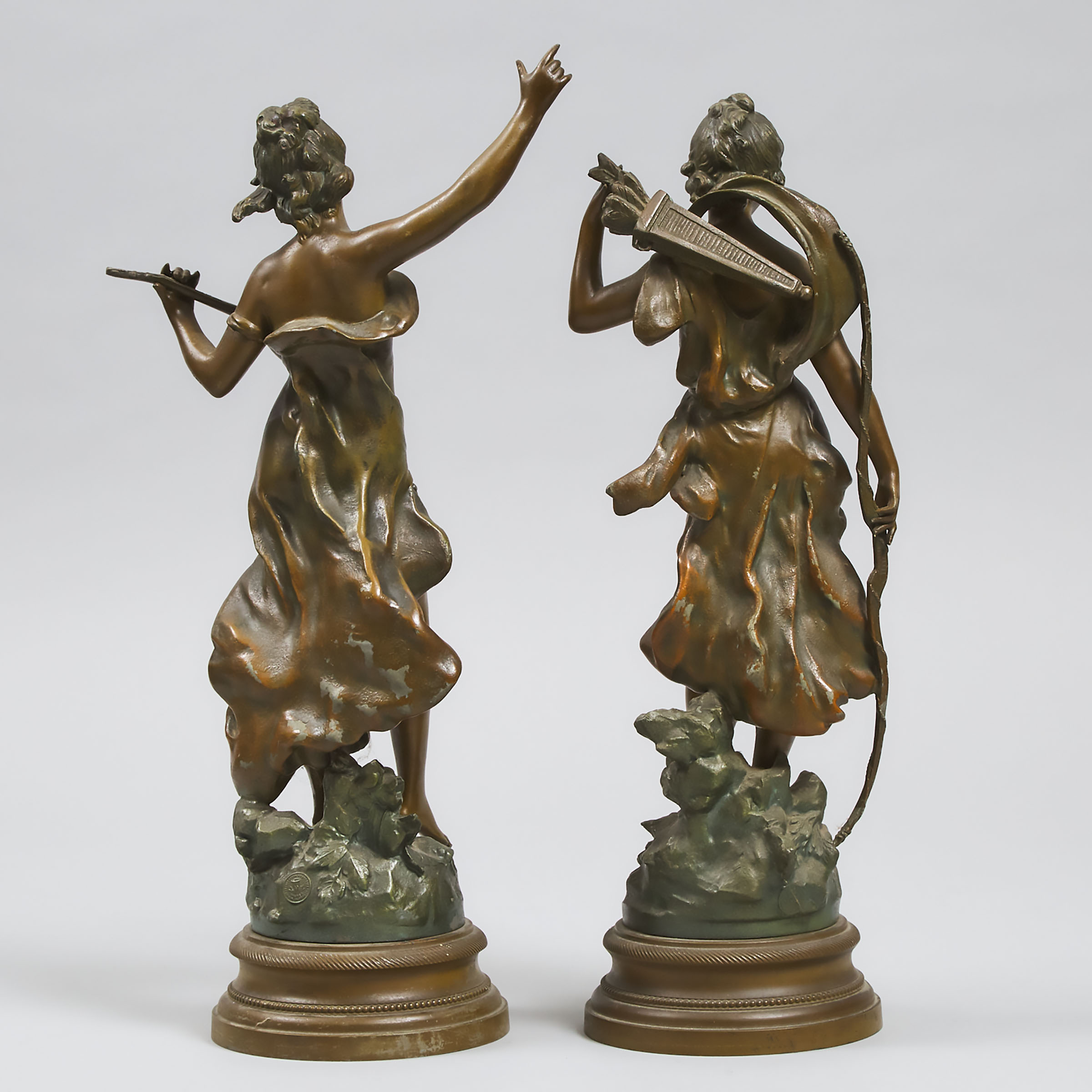 Pair of Art Nouveau Patinated Metal Figures, after Auguste Moureau c.1890