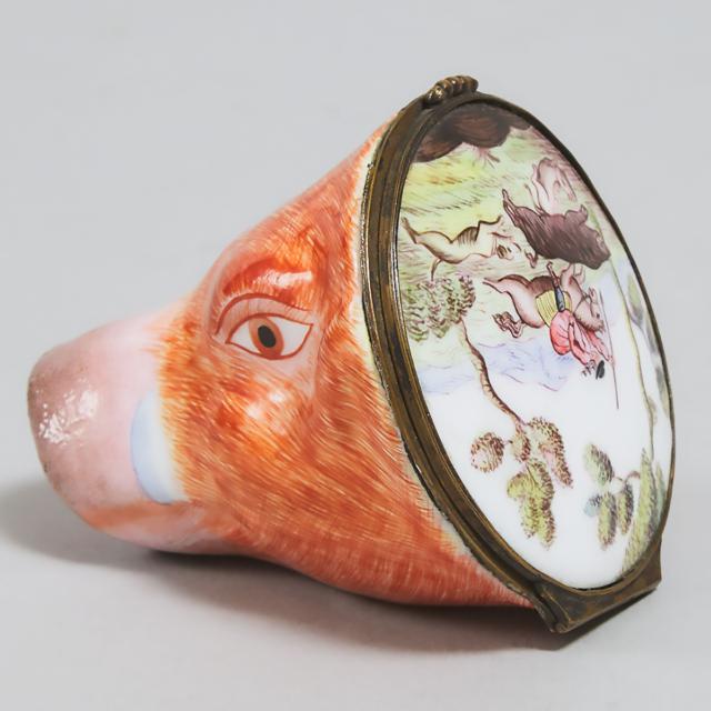 English Enamelled Copper Boar's Head Form Covered Stirrup Cup, 19th century