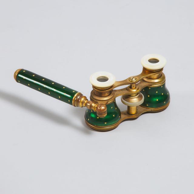 Pair of French Green Enamelled Opera Glasses, c.1900