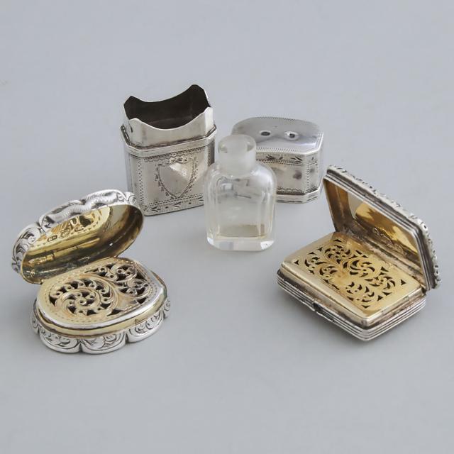 George III Silver Perfume Bottle Case, Birmingham, c.1800, and Two Later Vinaigrettes, John Bettridge, 1823 and Edward Smith, 1845