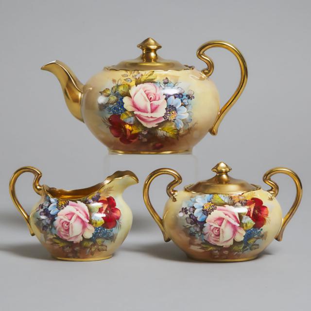 Aynsley ‘Cabbage Rose’ Teapot, Cream Jug and Covered Sugar Basin, J.A. Bailey, 20th century