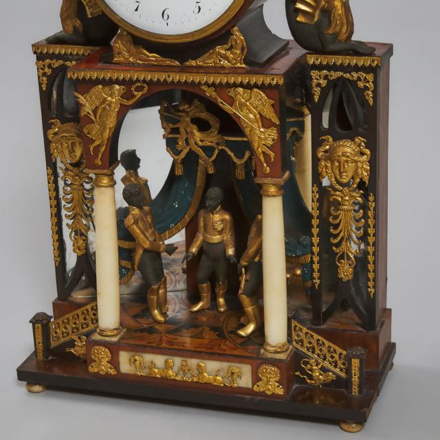 Austrian Ormolu and Alabaster Mounted Rosewood, Ebony and Giltwood Grande Sonnerie Portico Clock, early 19th century