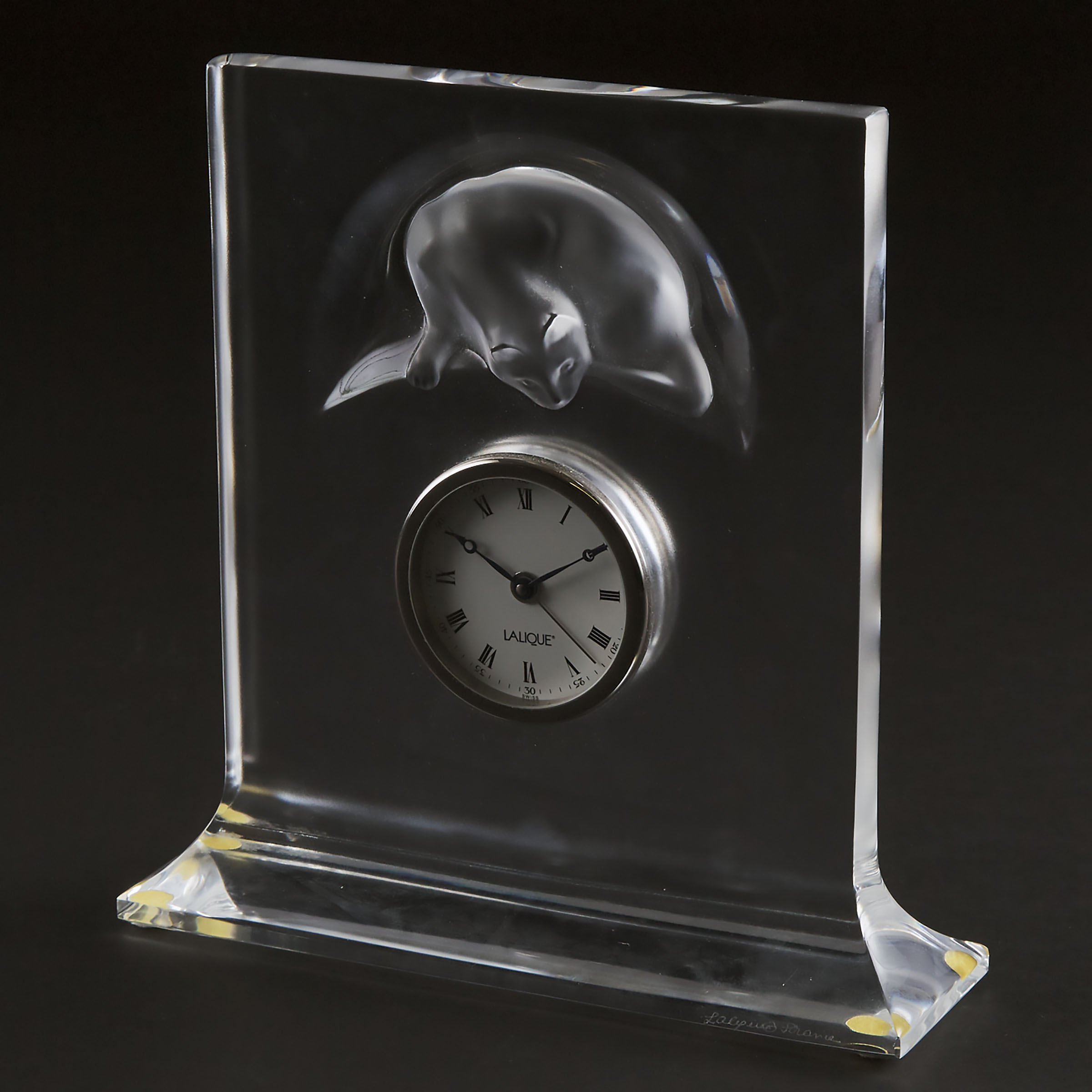 Lalique Moulded and Partly Frosted Glass Table Clock, post-1944