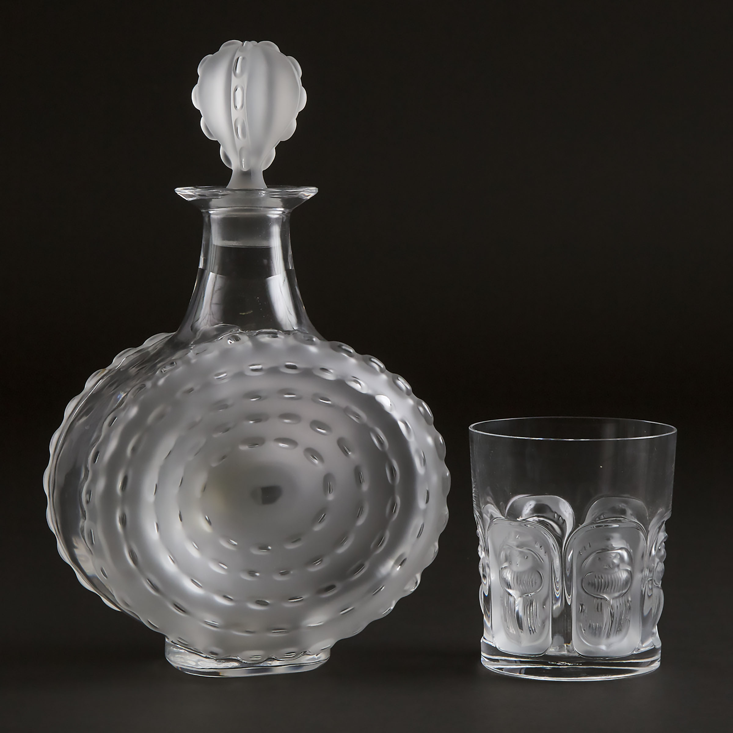 'Khepri', Lalique Moulded and Partly Frosted Glass Tumbler, and a Decanter with Stopper, post-1945