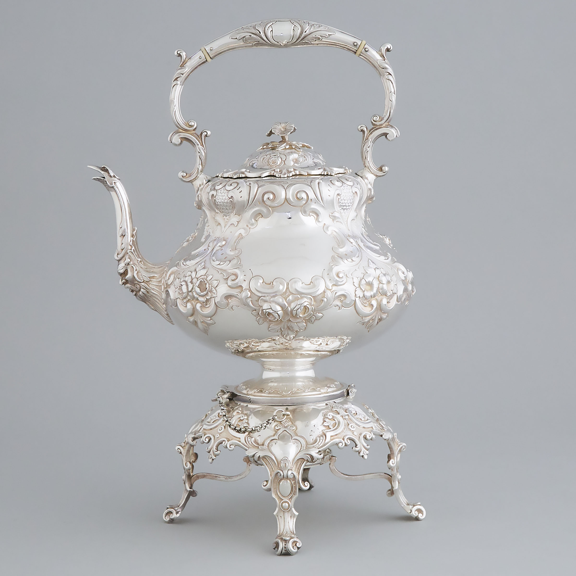 Victorian Silver Tea Kettle on Lampstand, Martin Hall & Co., Sheffield, 1856