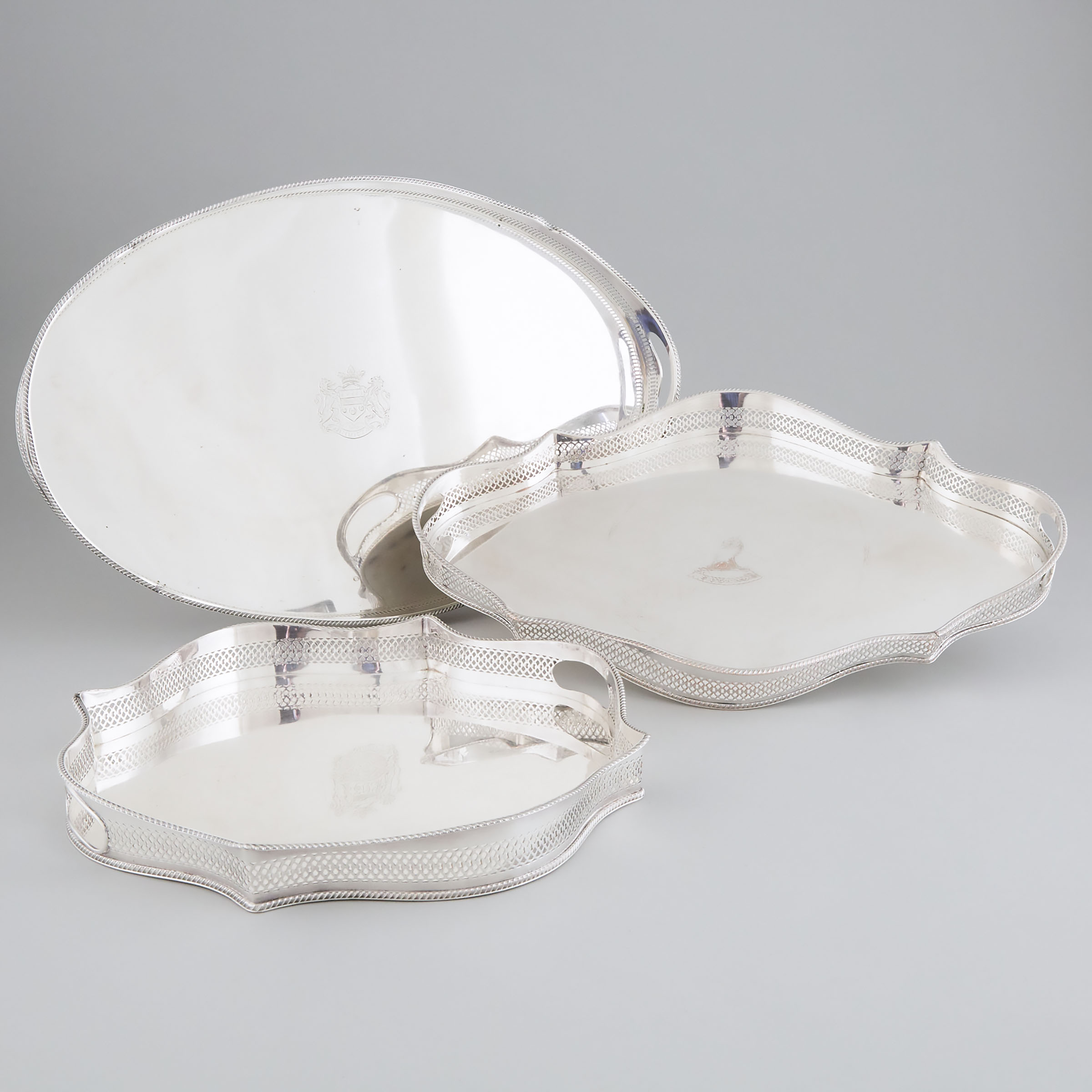 Three English Silver Plated Galleried Serving Trays, 20th century
