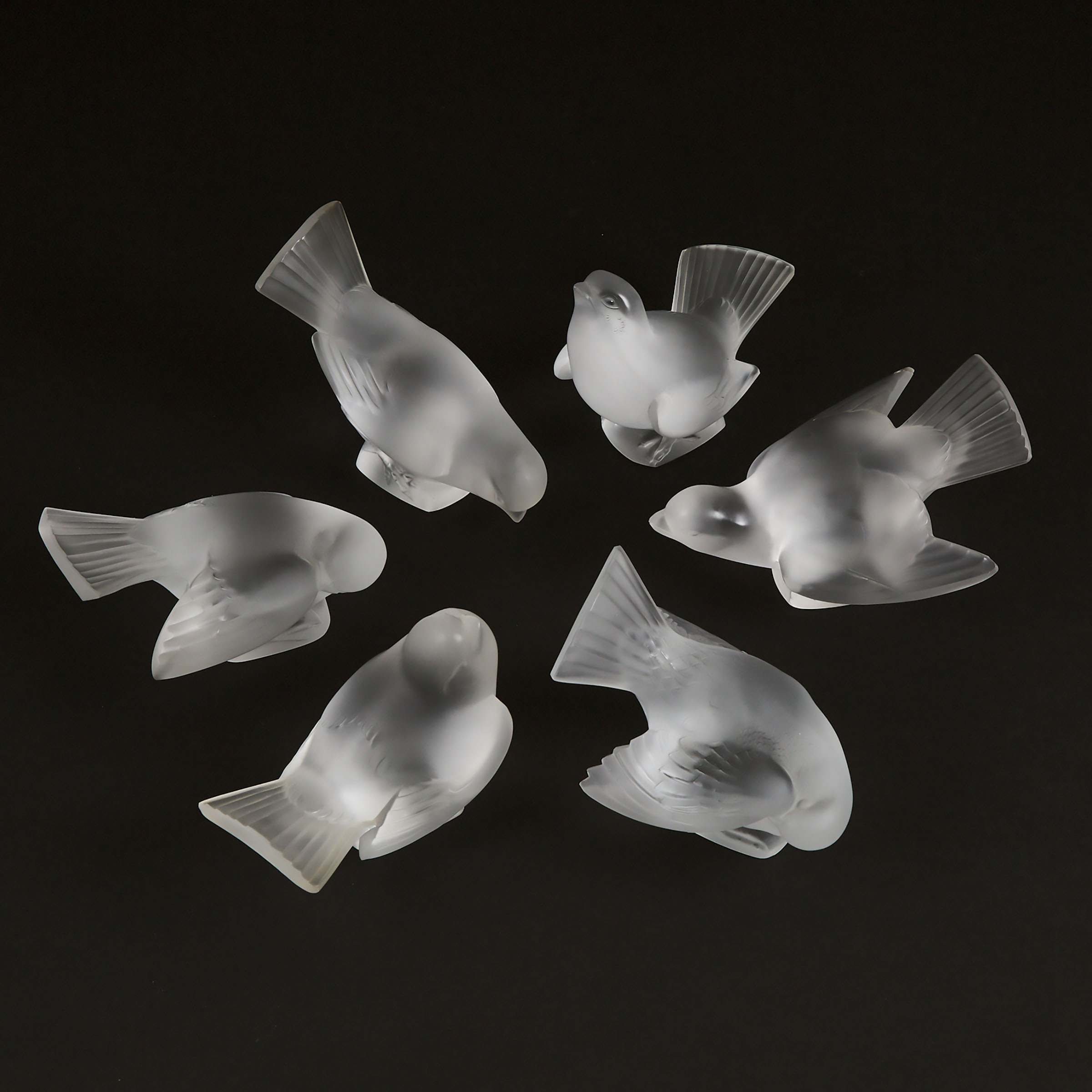 'Moineaux', Six Lalique Moulded and Frosted Glass Sparrows, post-1945