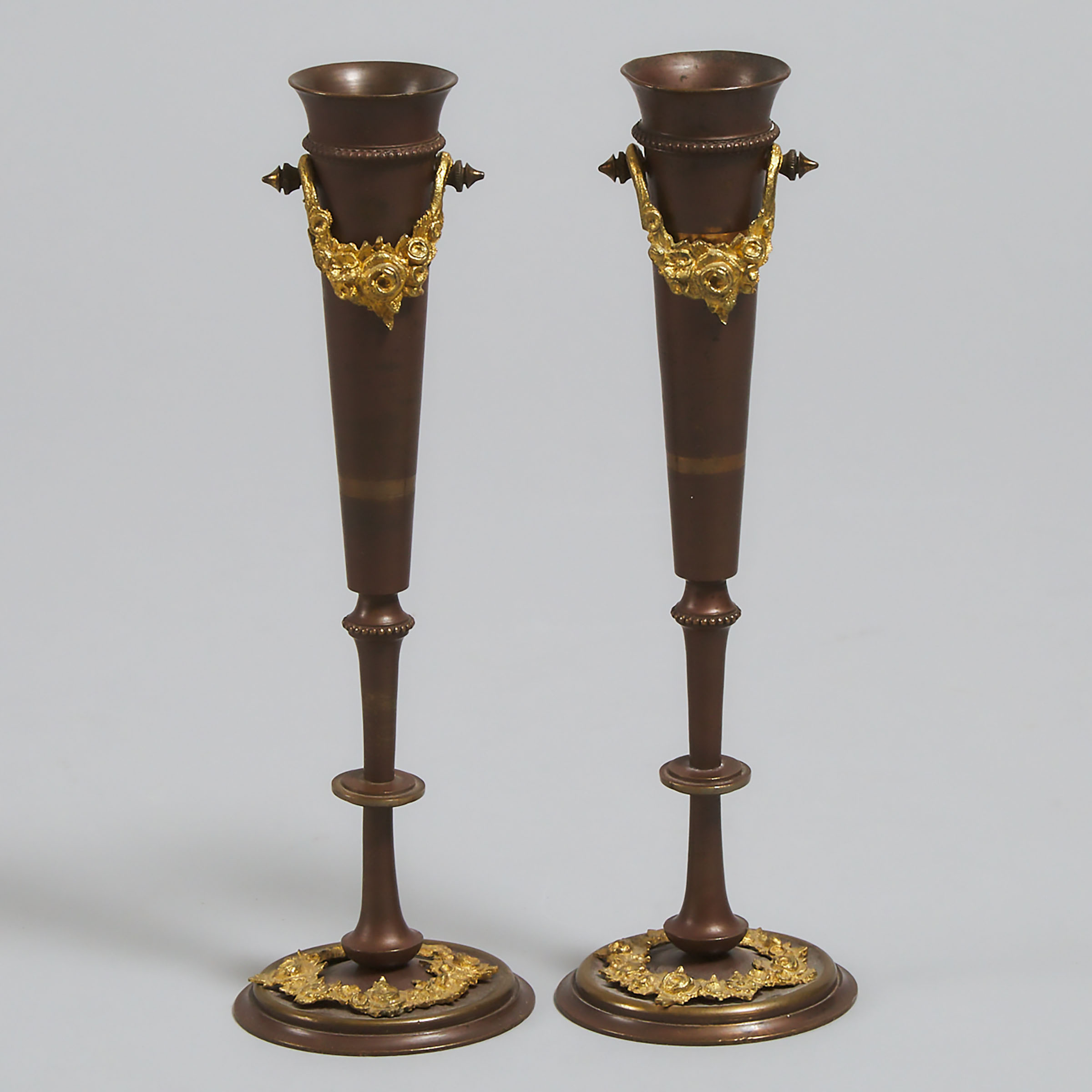 Pair of French Ormolu Mounted Gilt Bronze Bud Vases, c.1900