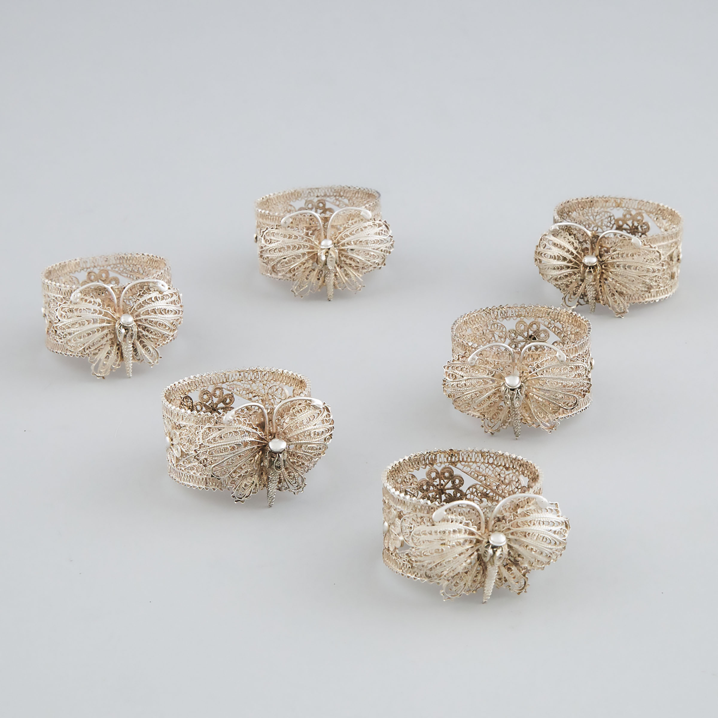 Set of Six Silver Filigree Napkin Rings, 20th century