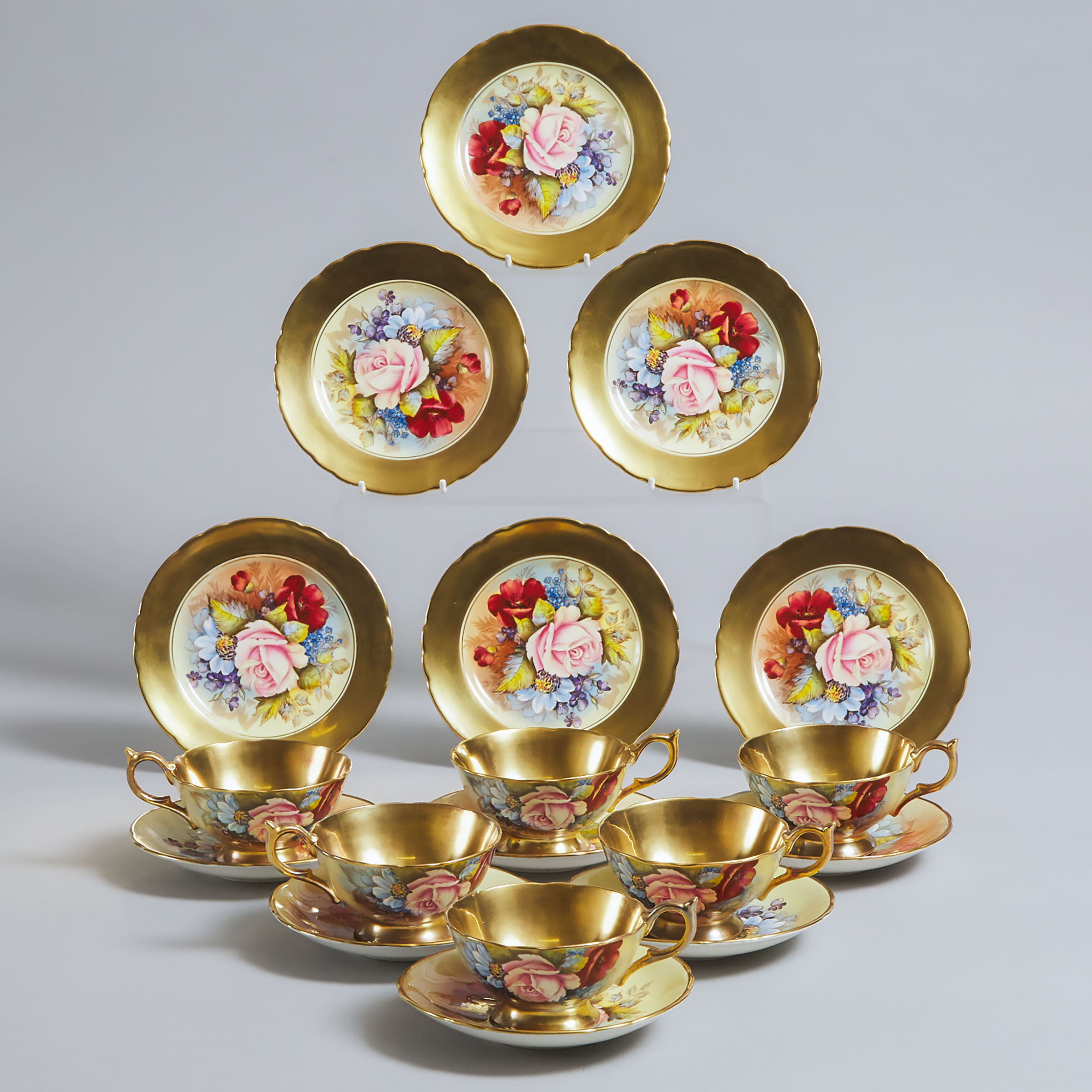 Six Aynsley 'Cabbage Rose' Tea Cups, Saucers and Plates, J.A. Bailey, 20th century