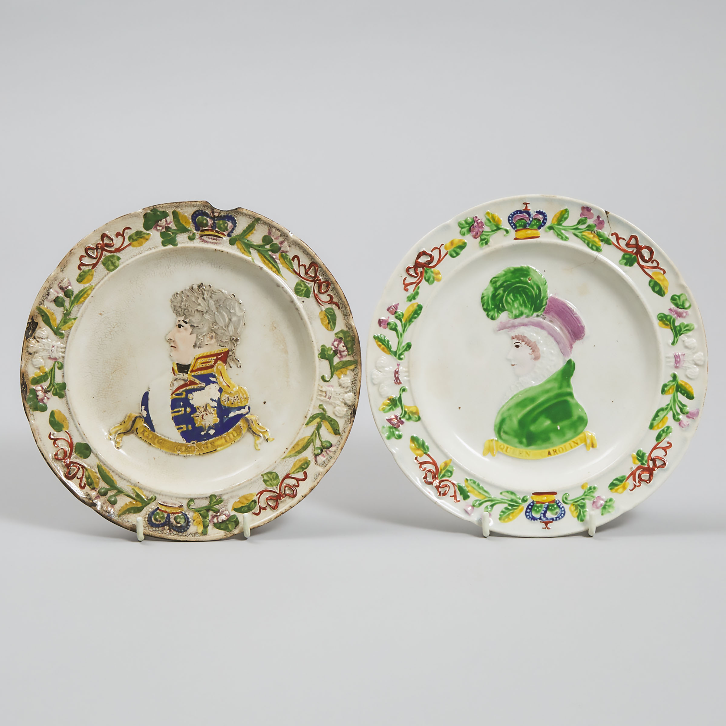 Pair of Pearlware Plates Commemorating the Coronation of King George IV and Queen Caroline, c.1821
