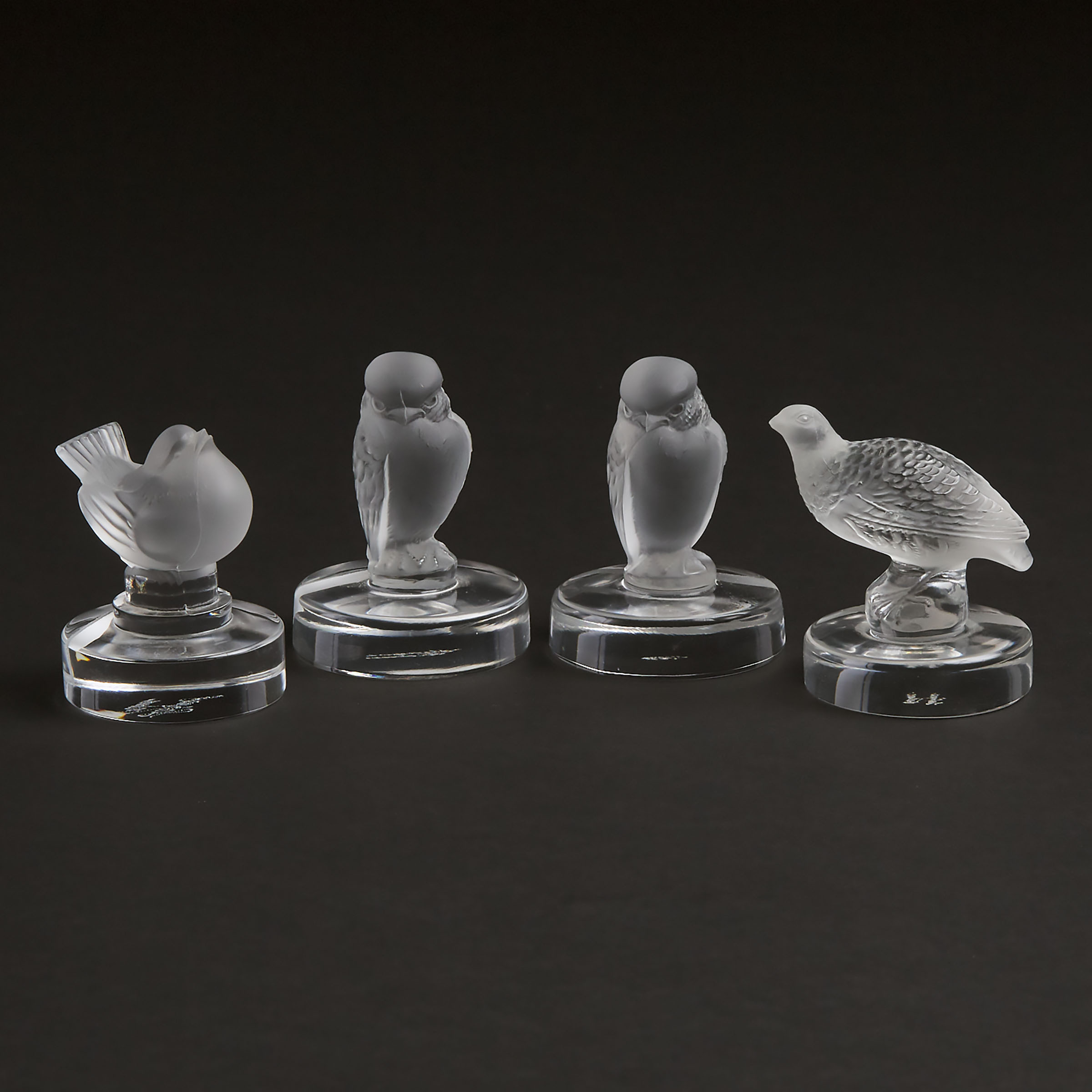 Four Lalique Moulded and Partly Frosted Glass Place-Card Holders, post-1945