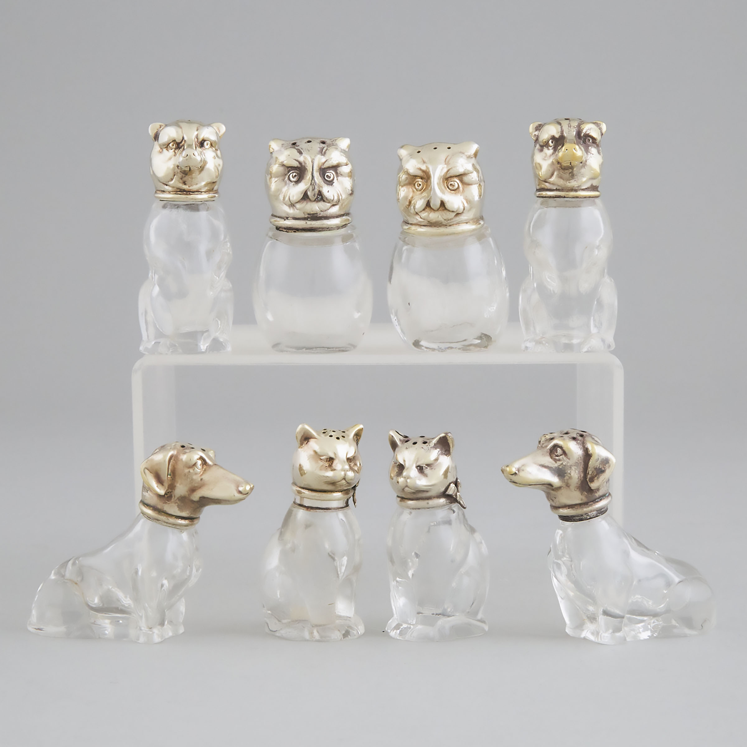 Eight German Silver Mounted Glass Novelty Salt and Pepper Casters, 20th century