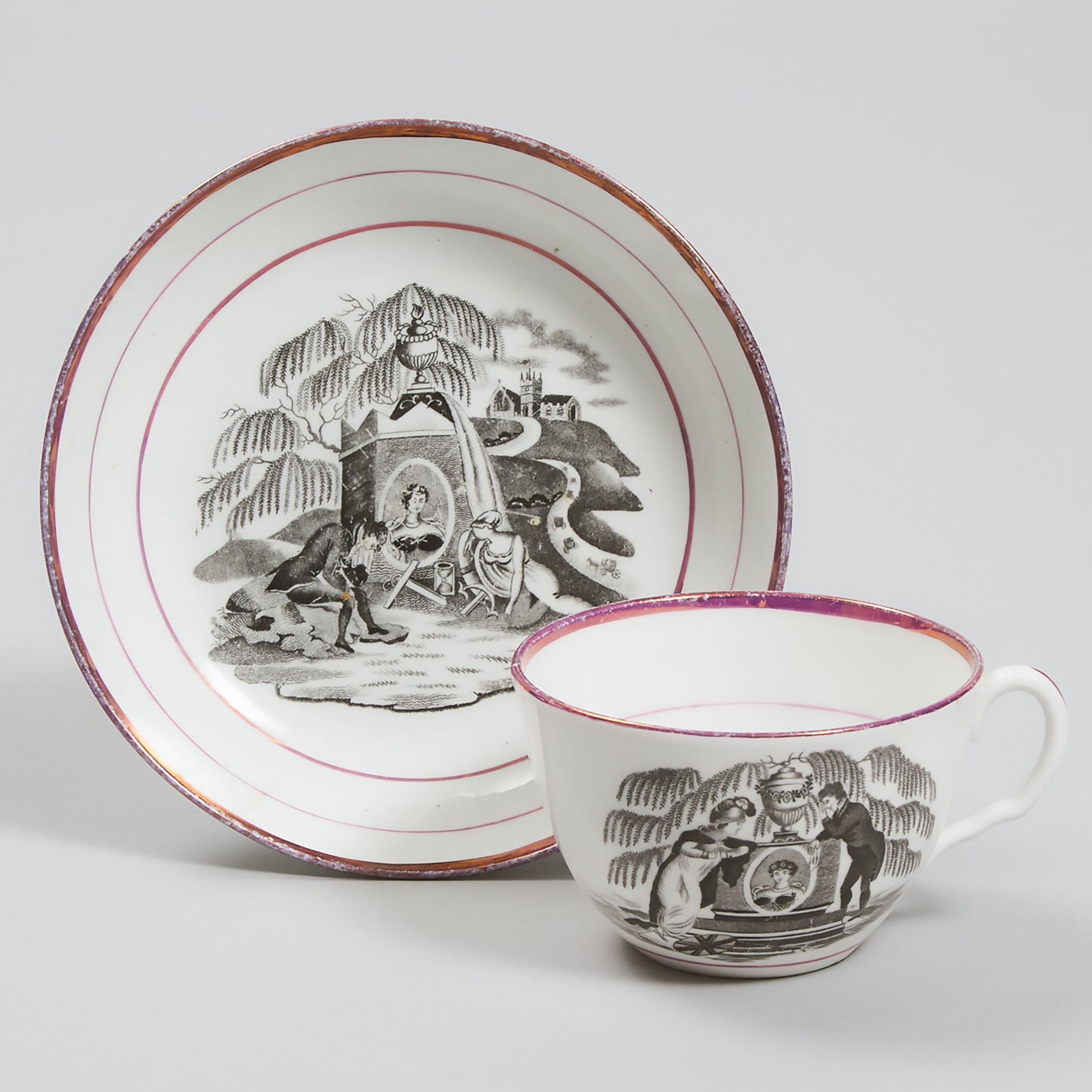 Sunderland Lustre Transferware Teacup and Saucer Commemorating the Death of Princess Charlotte of Wales, 1817 