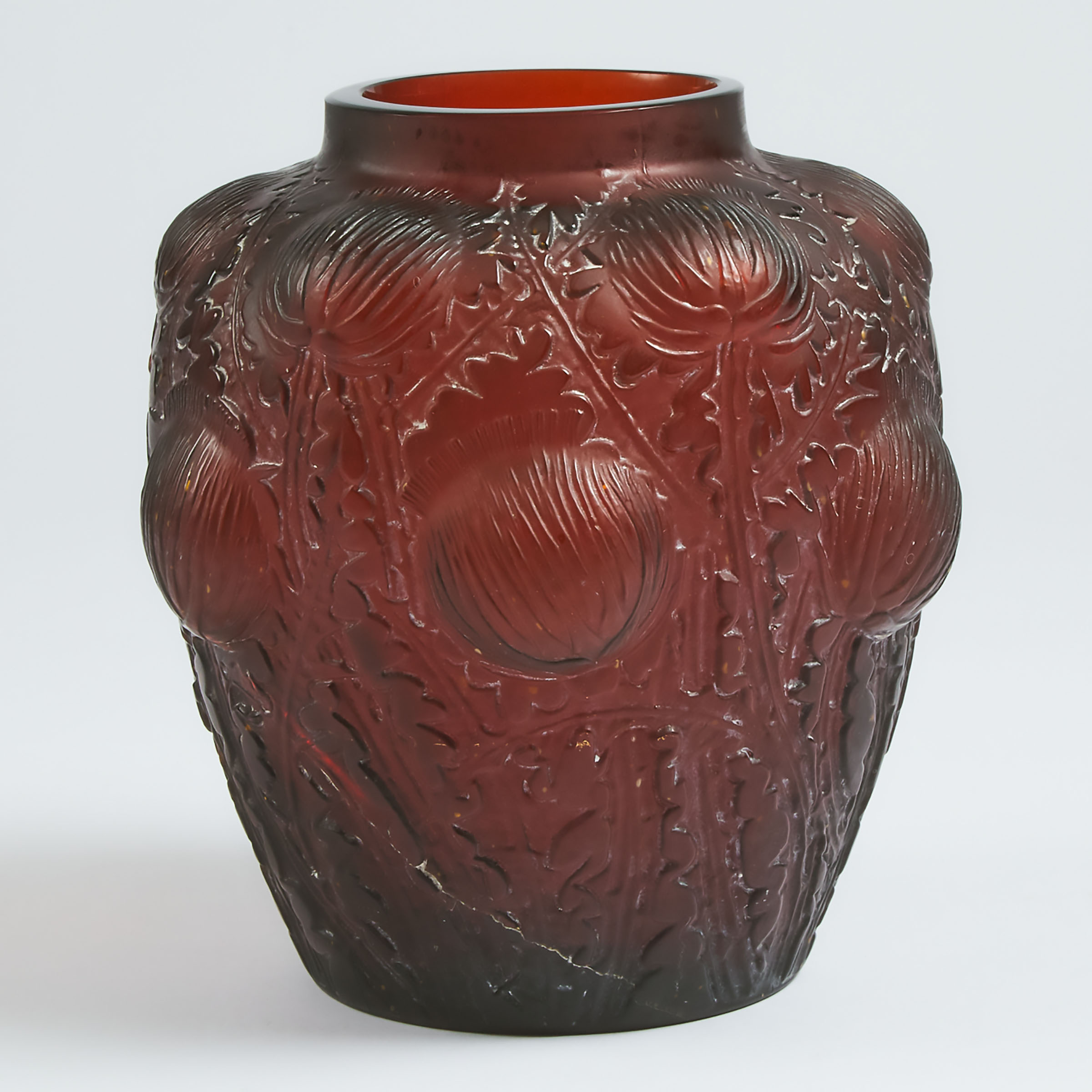 'Domrémy', Lalique Amber Moulded and Frosted Glass Vase, c.1930