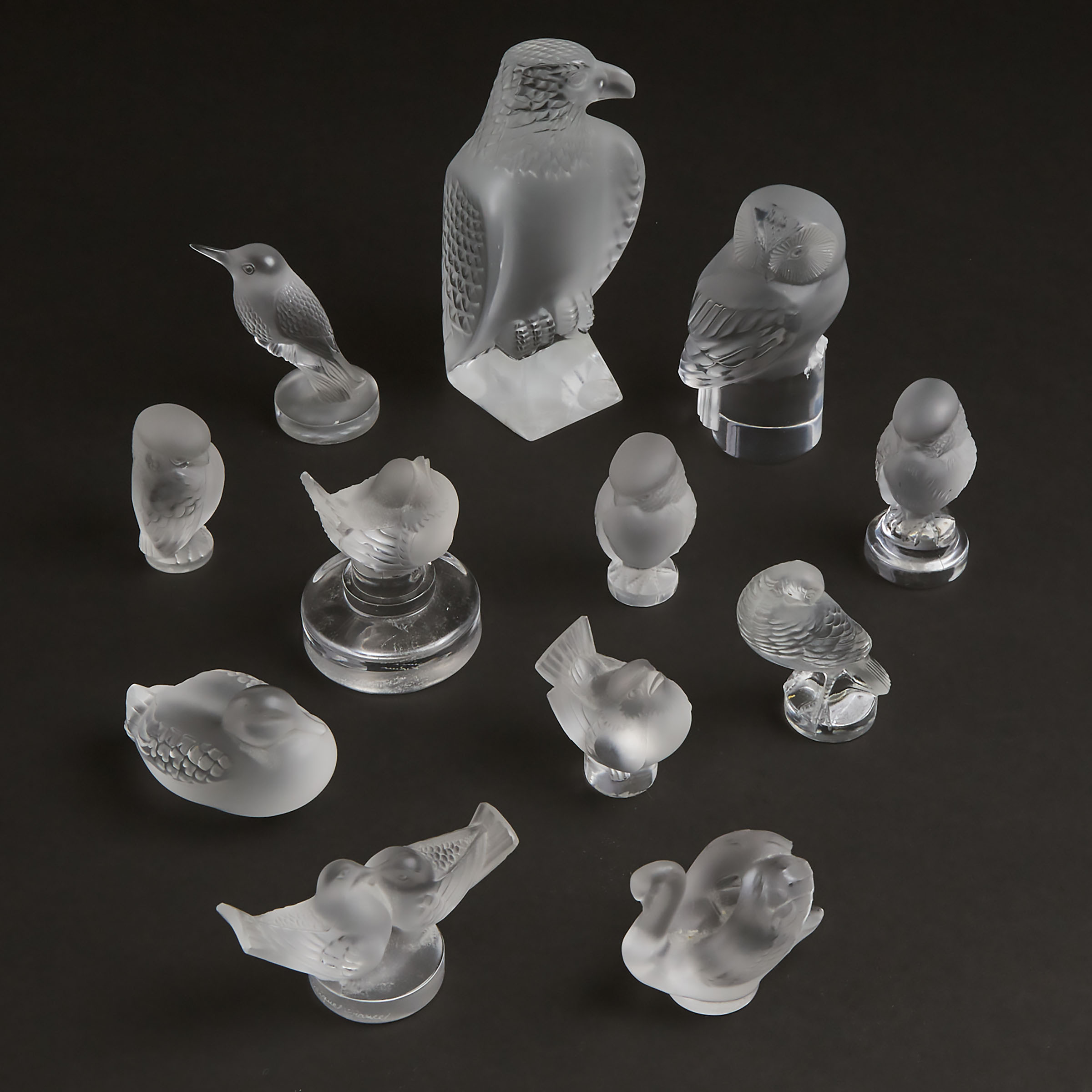 Group of Twelve Lalique Moulded and Frosted Glass Birds, post-1945