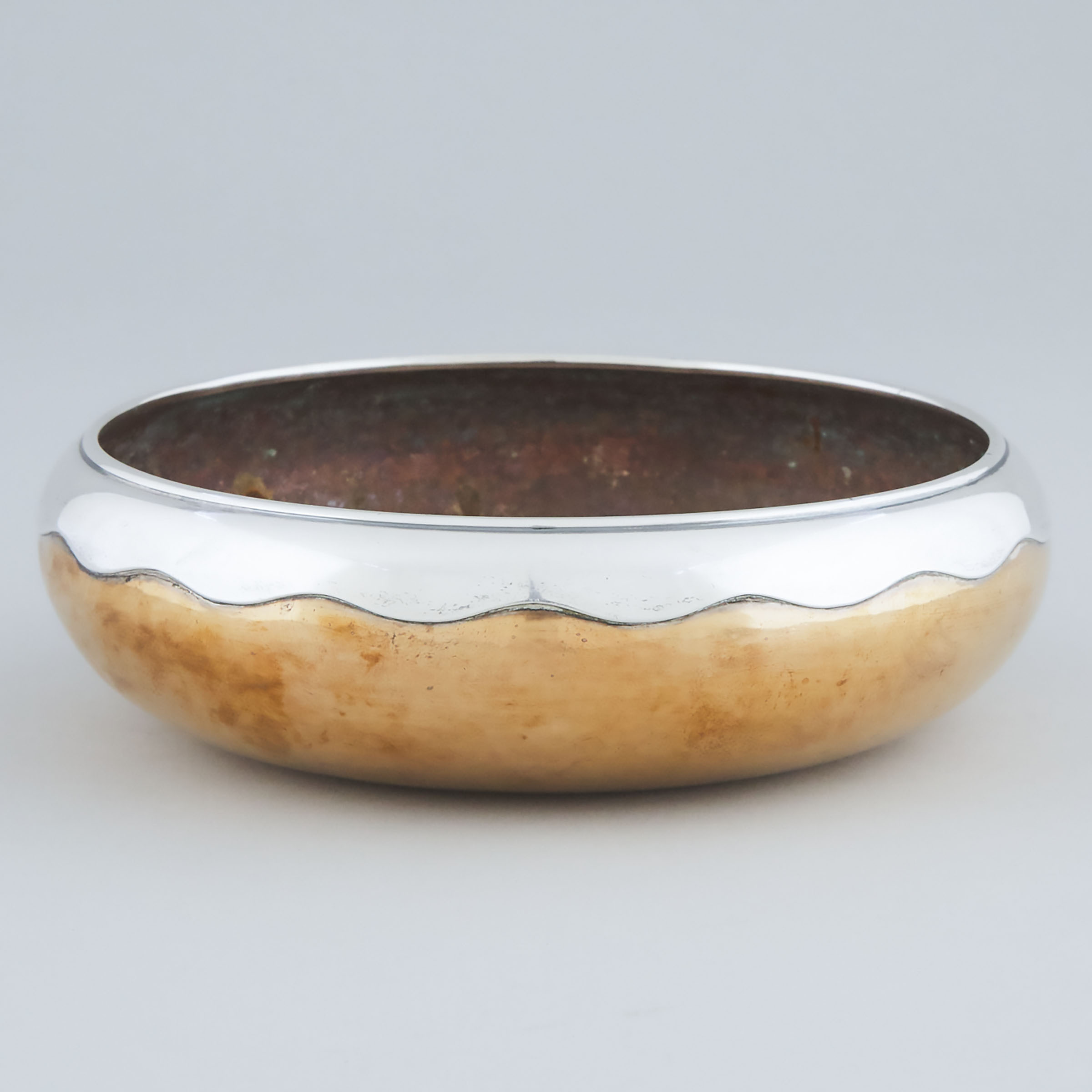 American Arts and Crafts Hammered and Silver Mounted Copper Centrepiece Bowl, early-mid 20th century