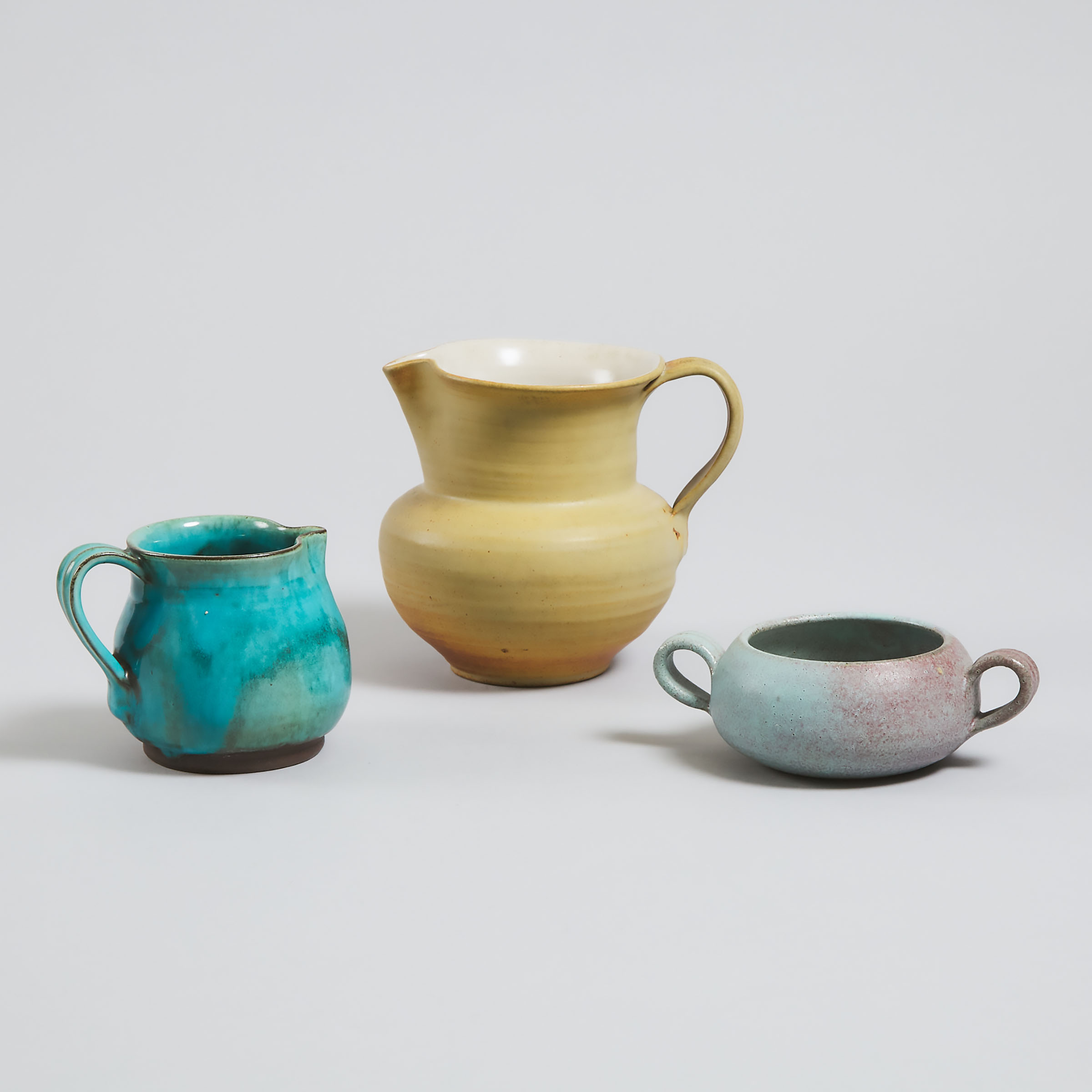 Two Deichmann Stoneware Jugs and a Two-Handled Bowl, mid-20th century