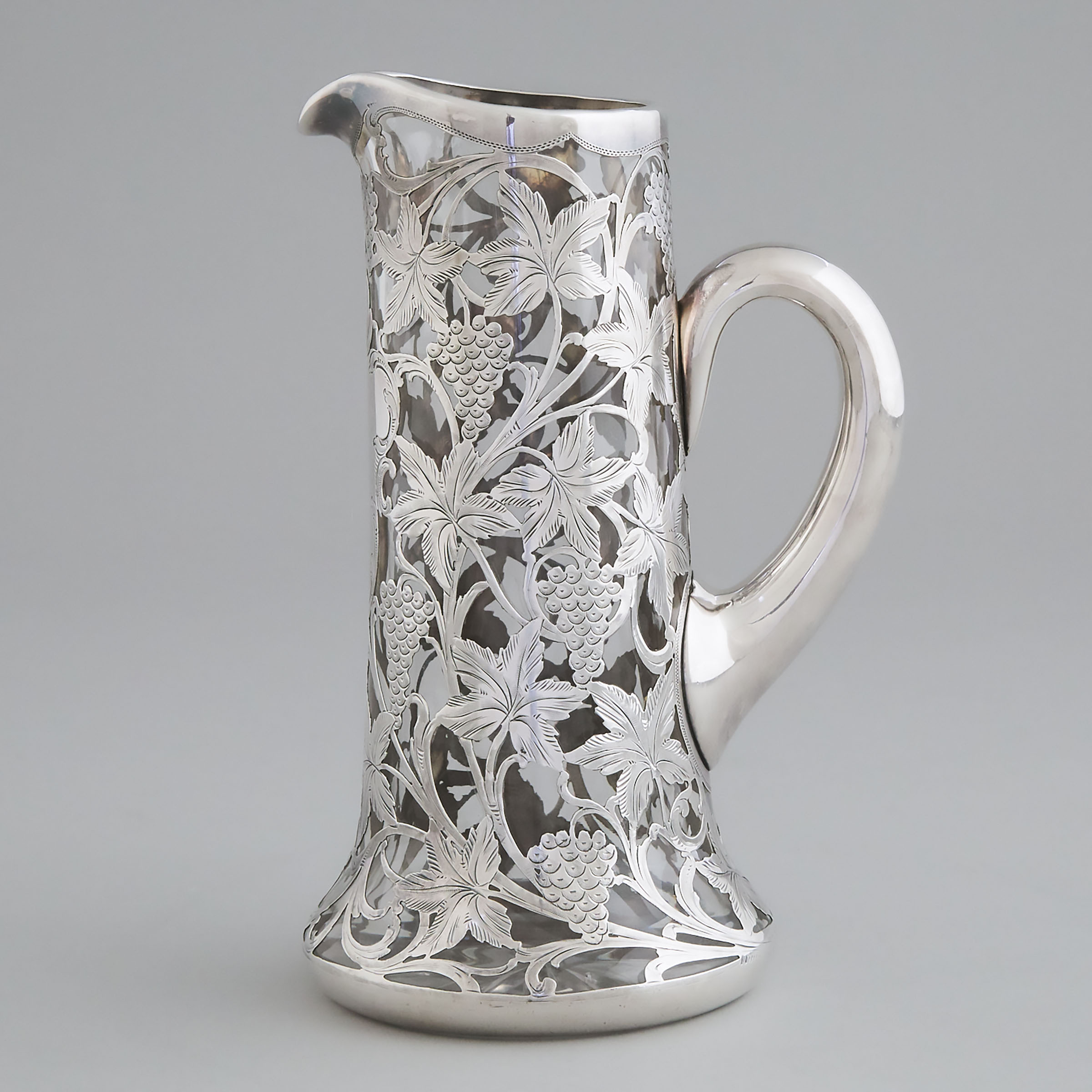 American Silver Overlaid Glass Jug, Alvin Mfg. Co., c.1900