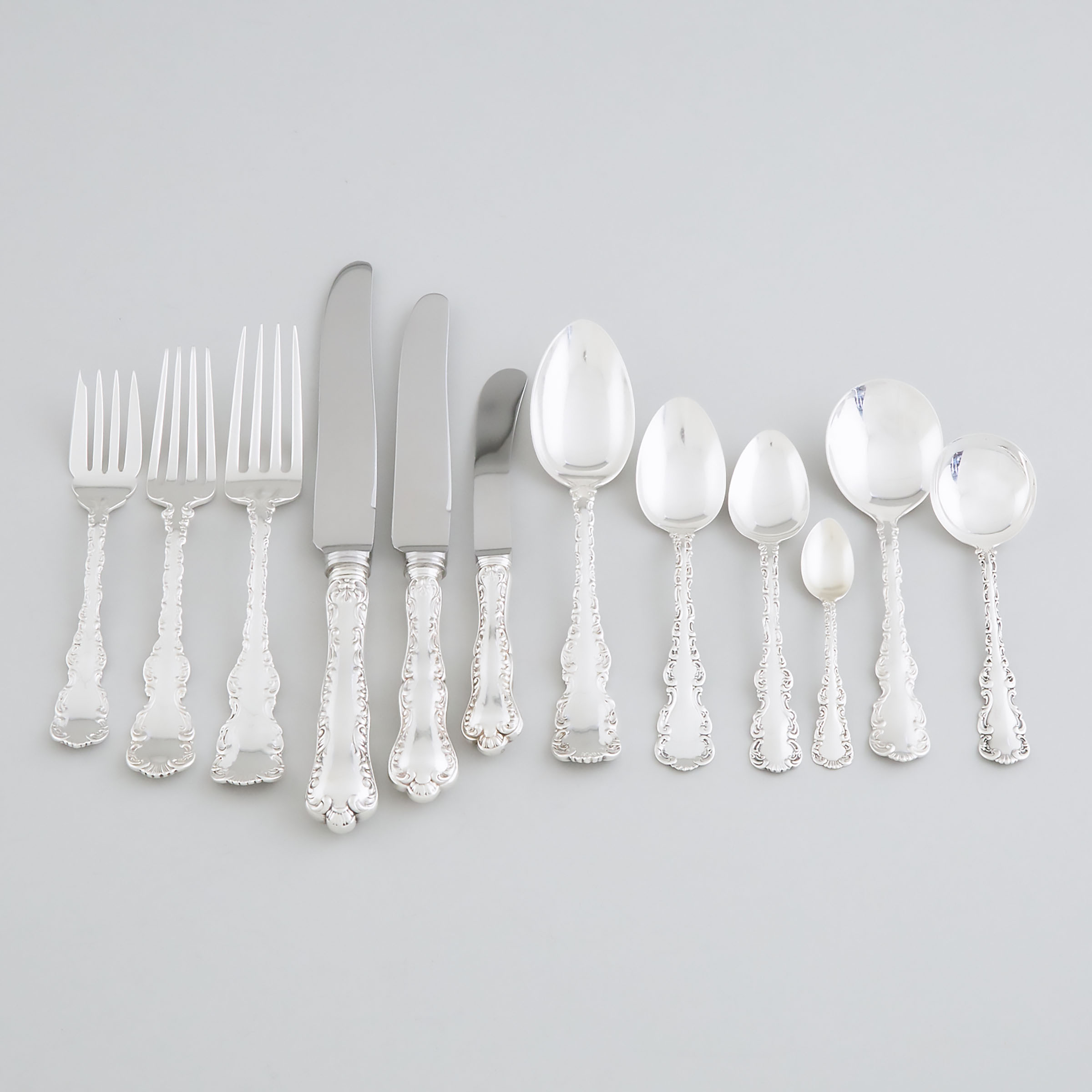 Assembled Canadian Silver 'Louis XV' Pattern Flatware Service, mainly Henry Birks & Sons, Montreal, Que., 20th century