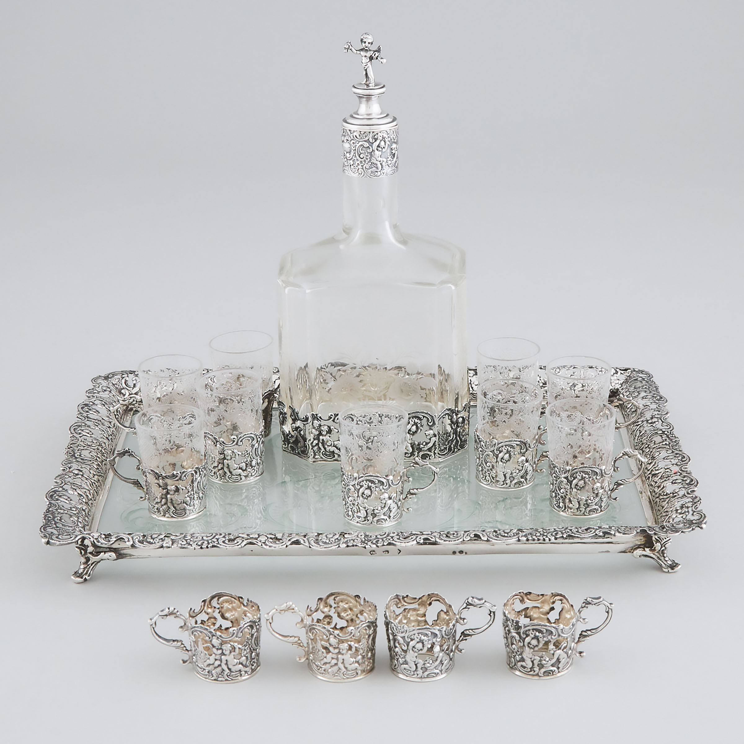 German Silver Mounted Etched Glass Liqueur Set, J.D. Schleissner & Söhne, Hanau, early 20th century