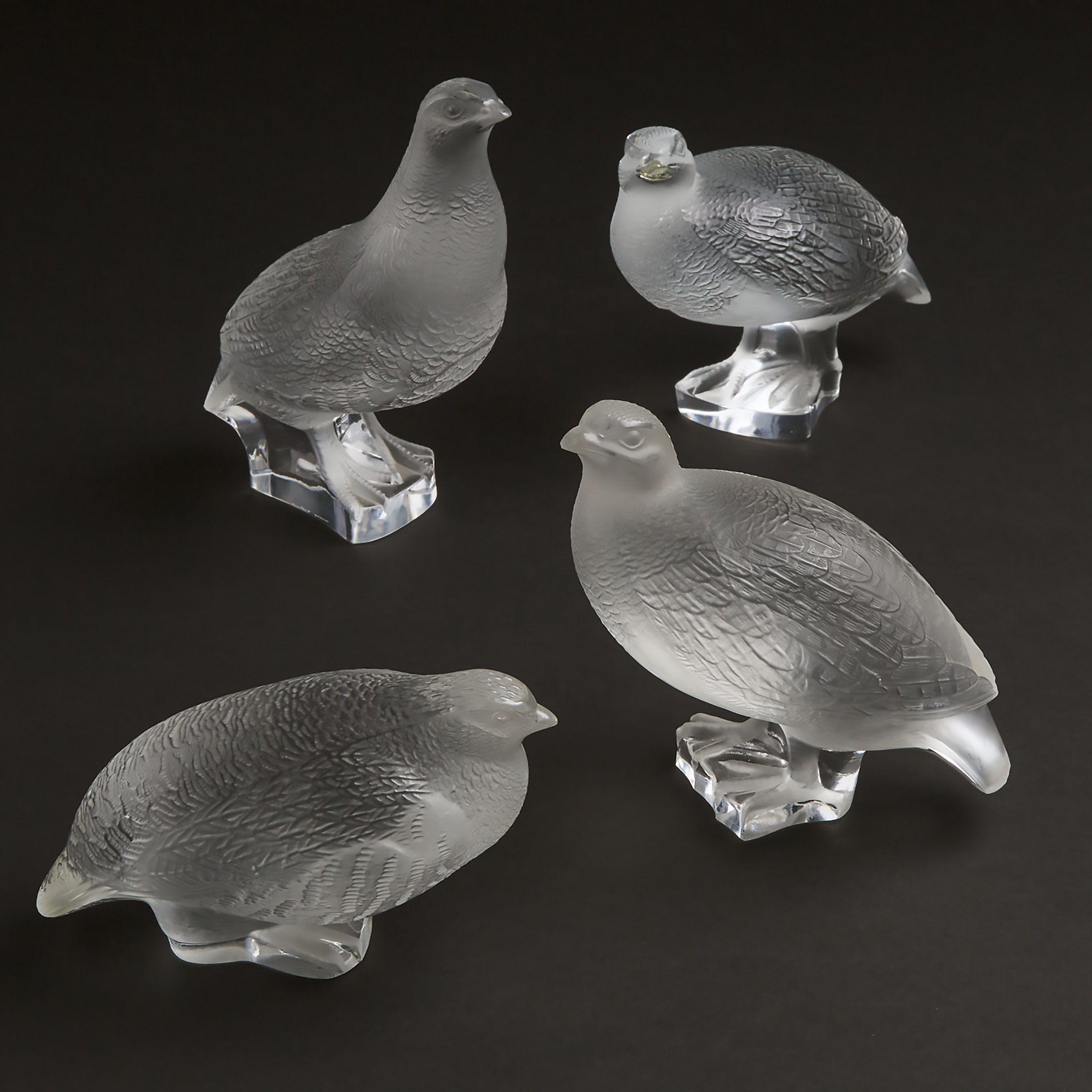 'Perdrix Inquiète', 'Perdrix Debout', and 'Perdrix Couchée', Four Lalique Moulded and Frosted Glass Models of Partridges, 20th century