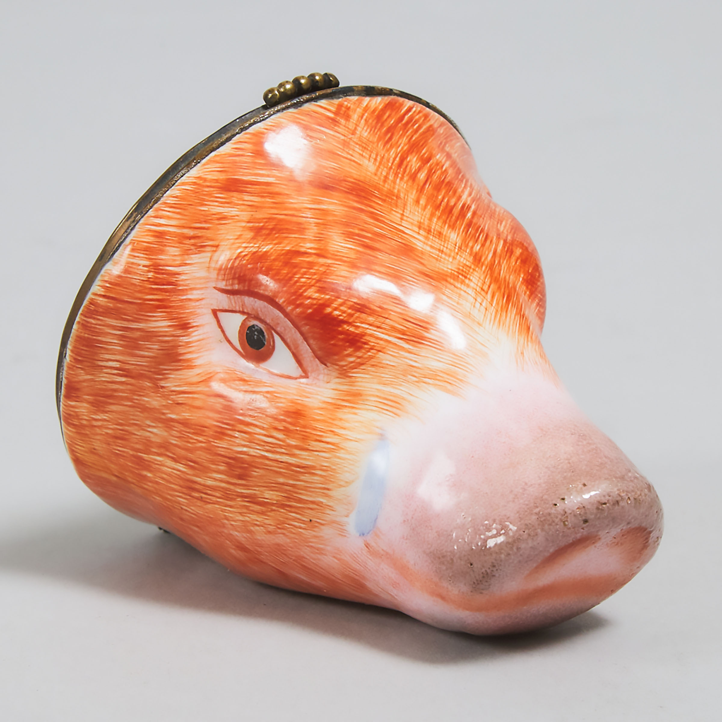 English Enamelled Copper Boar's Head Form Covered Stirrup Cup, 19th century