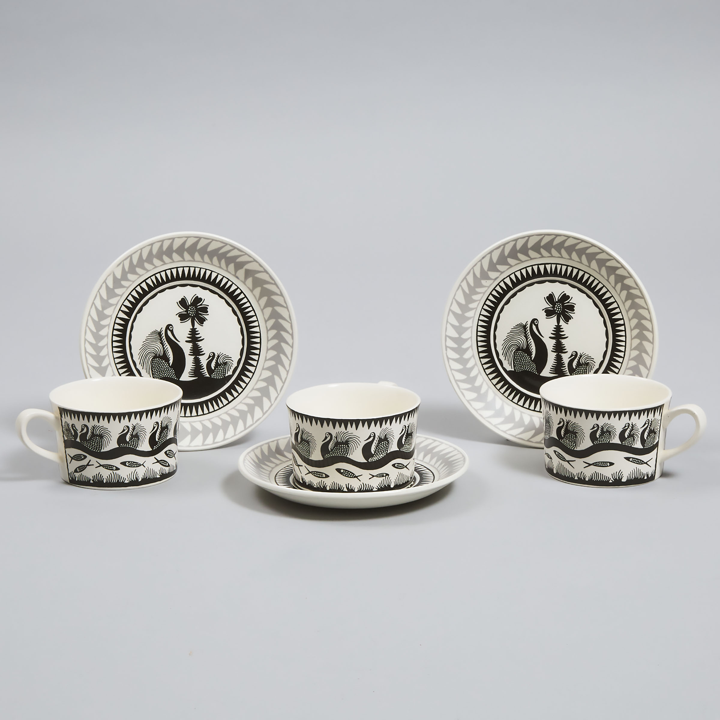 Three Royal Worcester Crown Ware Breakfast Cups and Saucers, Scottie Wilson, 1960s