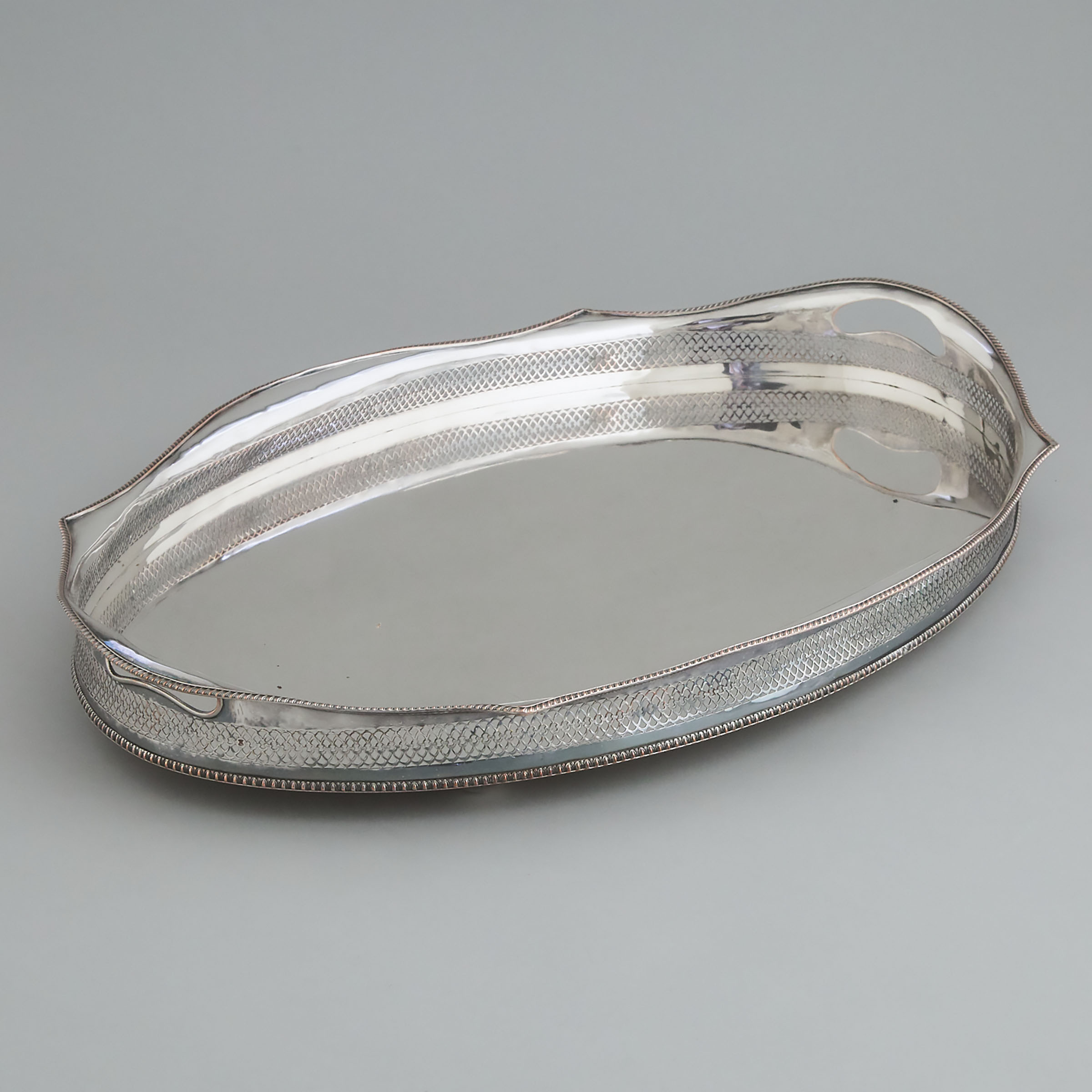 English Silver Plated Two-Handled Oval Galleried Serving Tray, 20th century