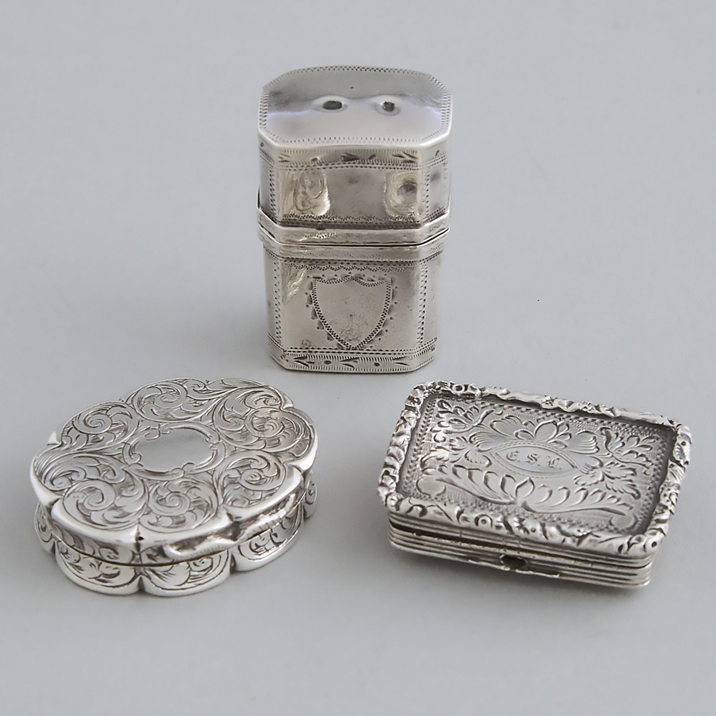 George III Silver Perfume Bottle Case, Birmingham, c.1800, and Two Later Vinaigrettes, John Bettridge, 1823 and Edward Smith, 1845