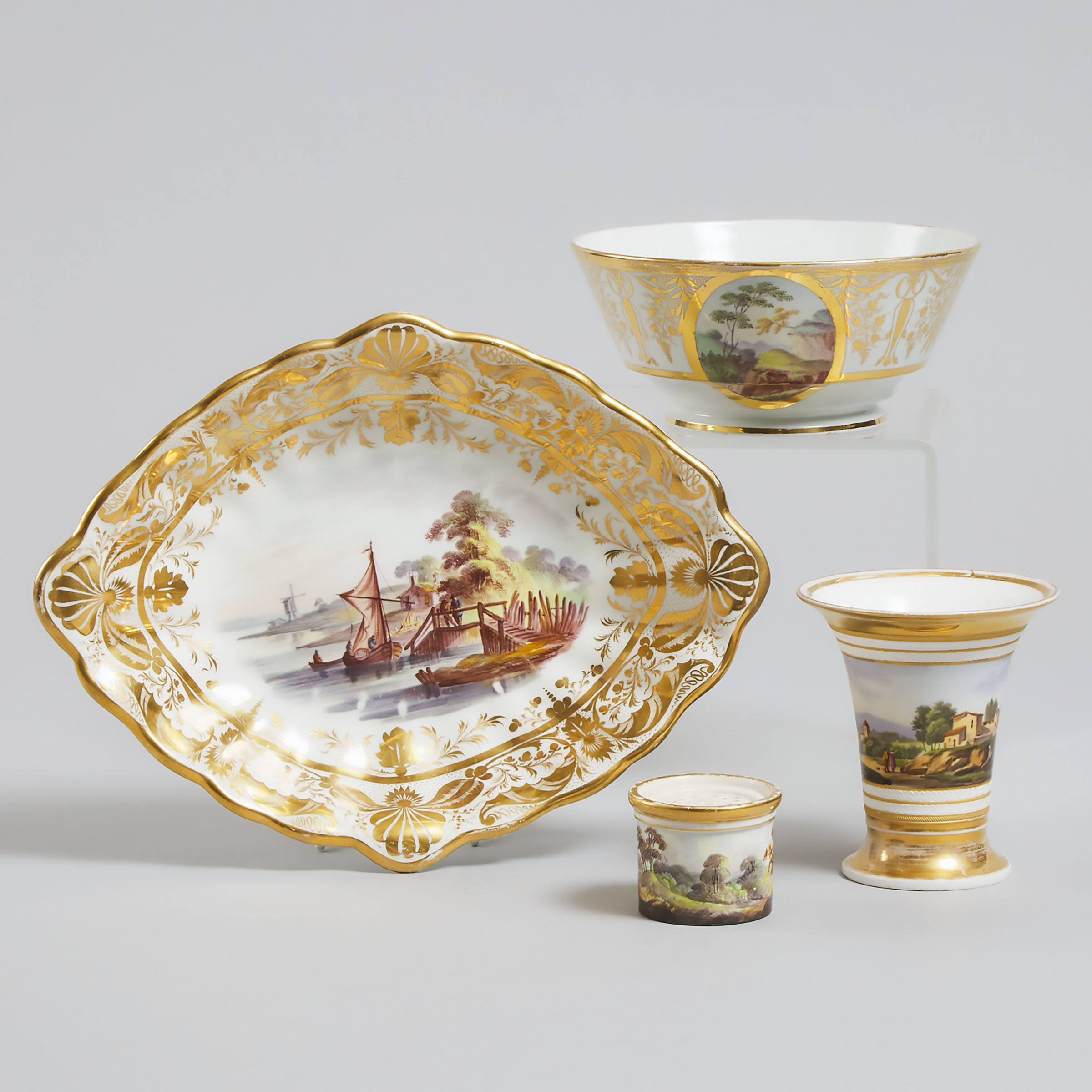 Derby Topographical Oval Dish, Waste Bowl, Pounce Pot and a French Porcelain Spill Vase, early 19th century