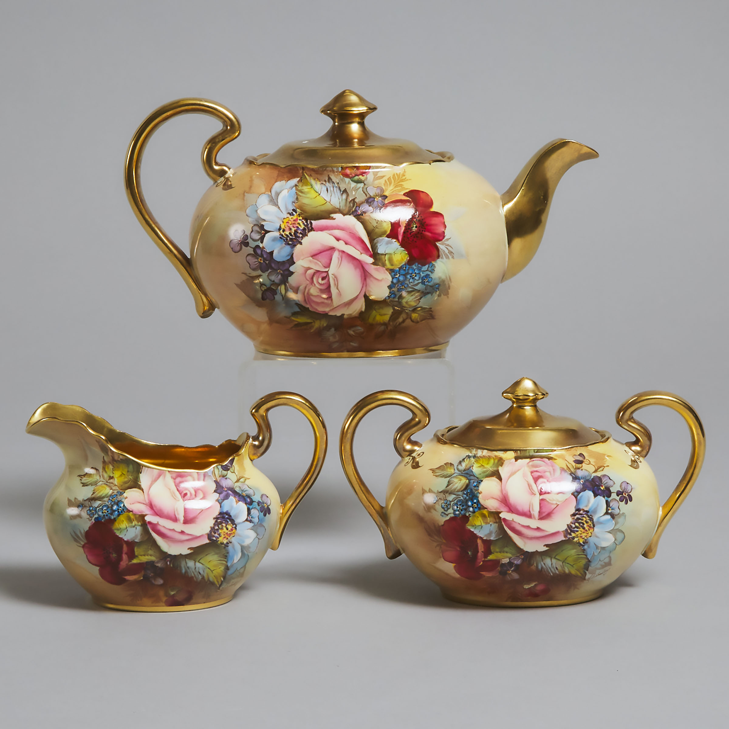 Aynsley 'Cabbage Rose' Teapot, Cream Jug and Covered Sugar Basin, J.A. Bailey, 20th century
