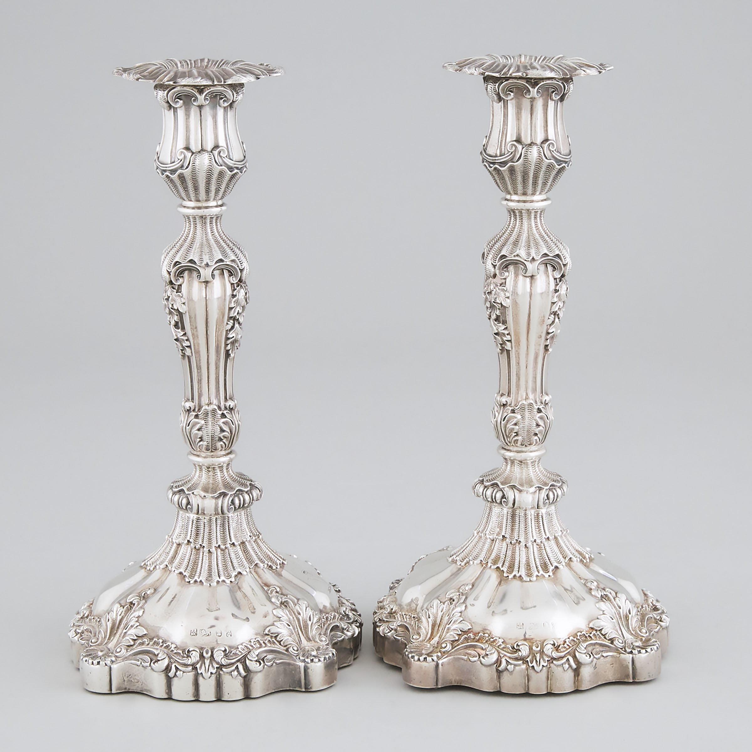 Pair of George IV Silver Table Candlesticks, Thomas, James & Nathaniel Creswick, Sheffield, 1827