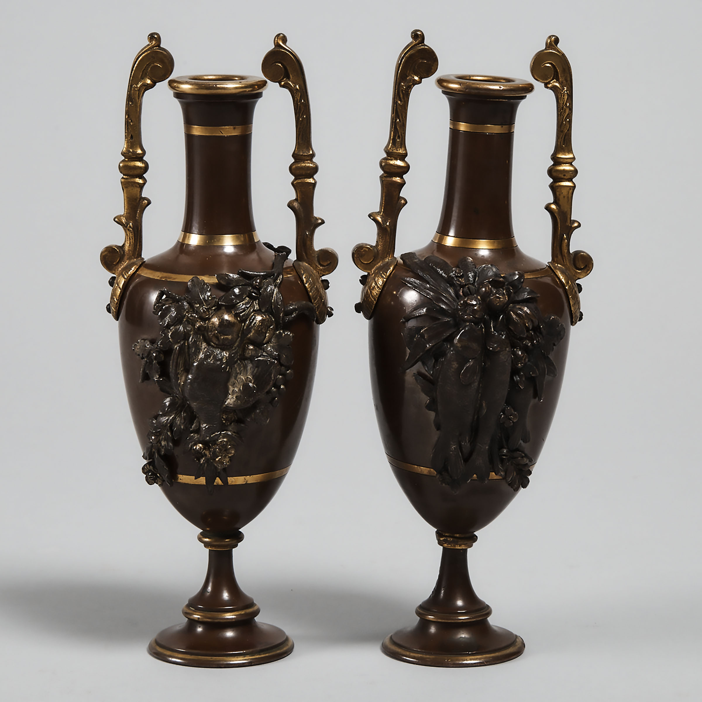 Pair of Small French Patinated Copper and Gilt Metal Mantle Vases, 19th century