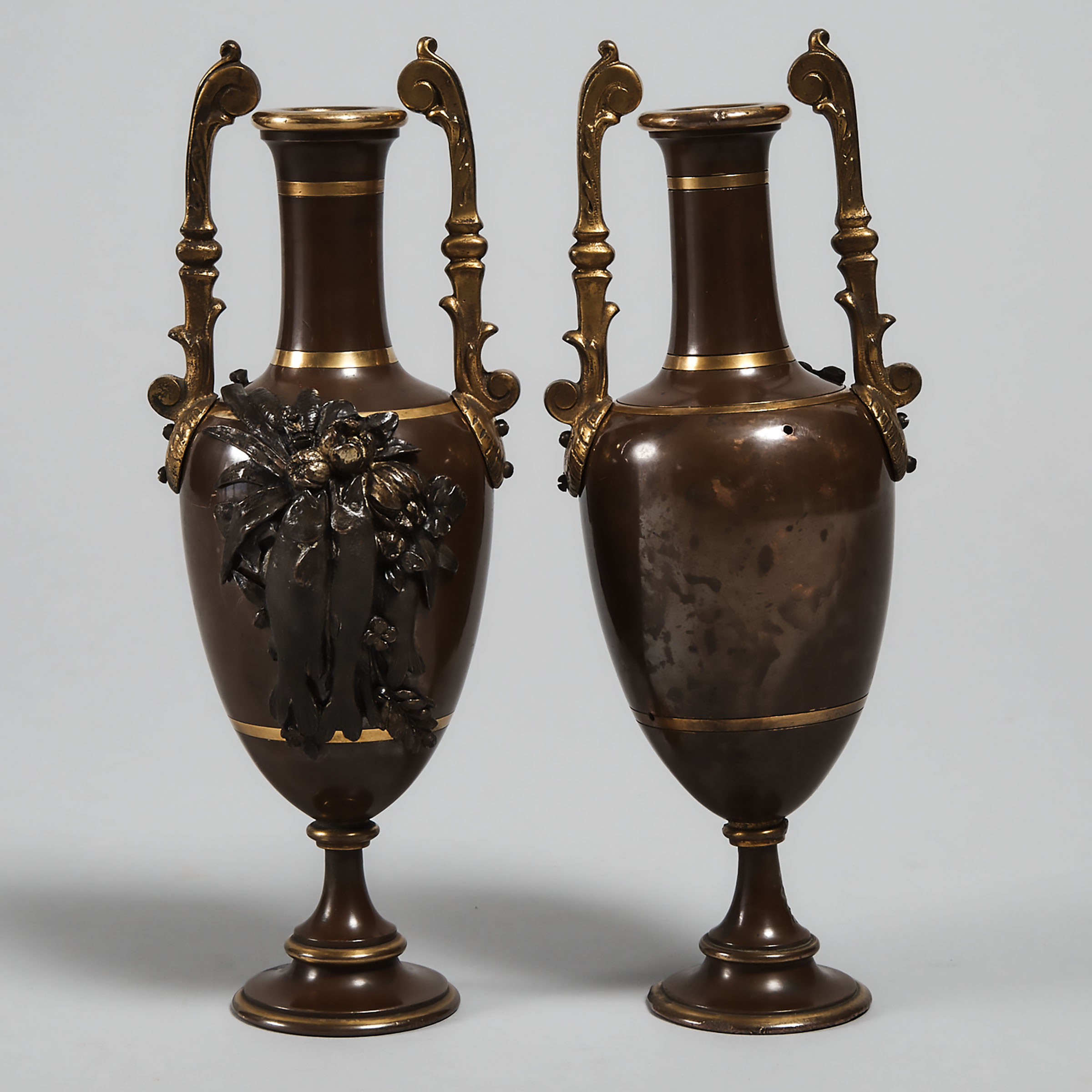 Pair of Small French Patinated Copper and Gilt Metal Mantle Vases, 19th century