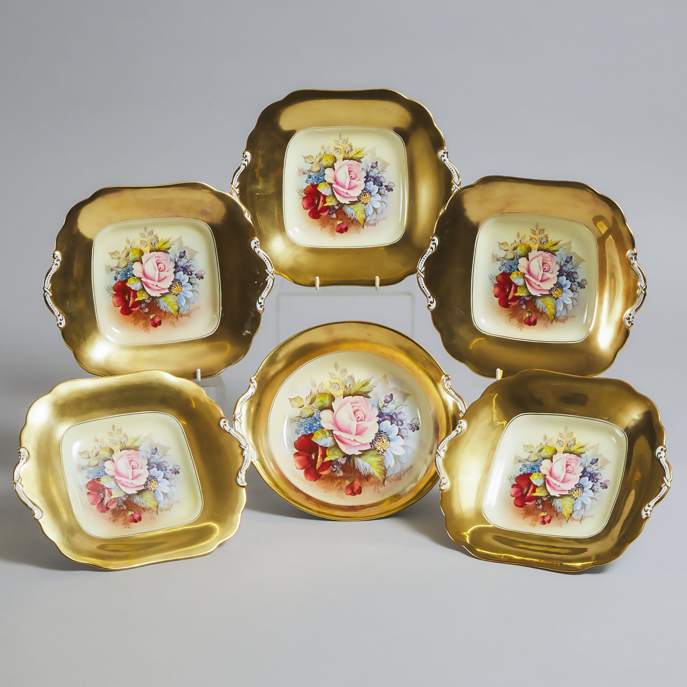 Five Aynsley 'Cabbage Rose' Square Cake Plates and a Circular Bowl, J.A. Bailey, 20th century