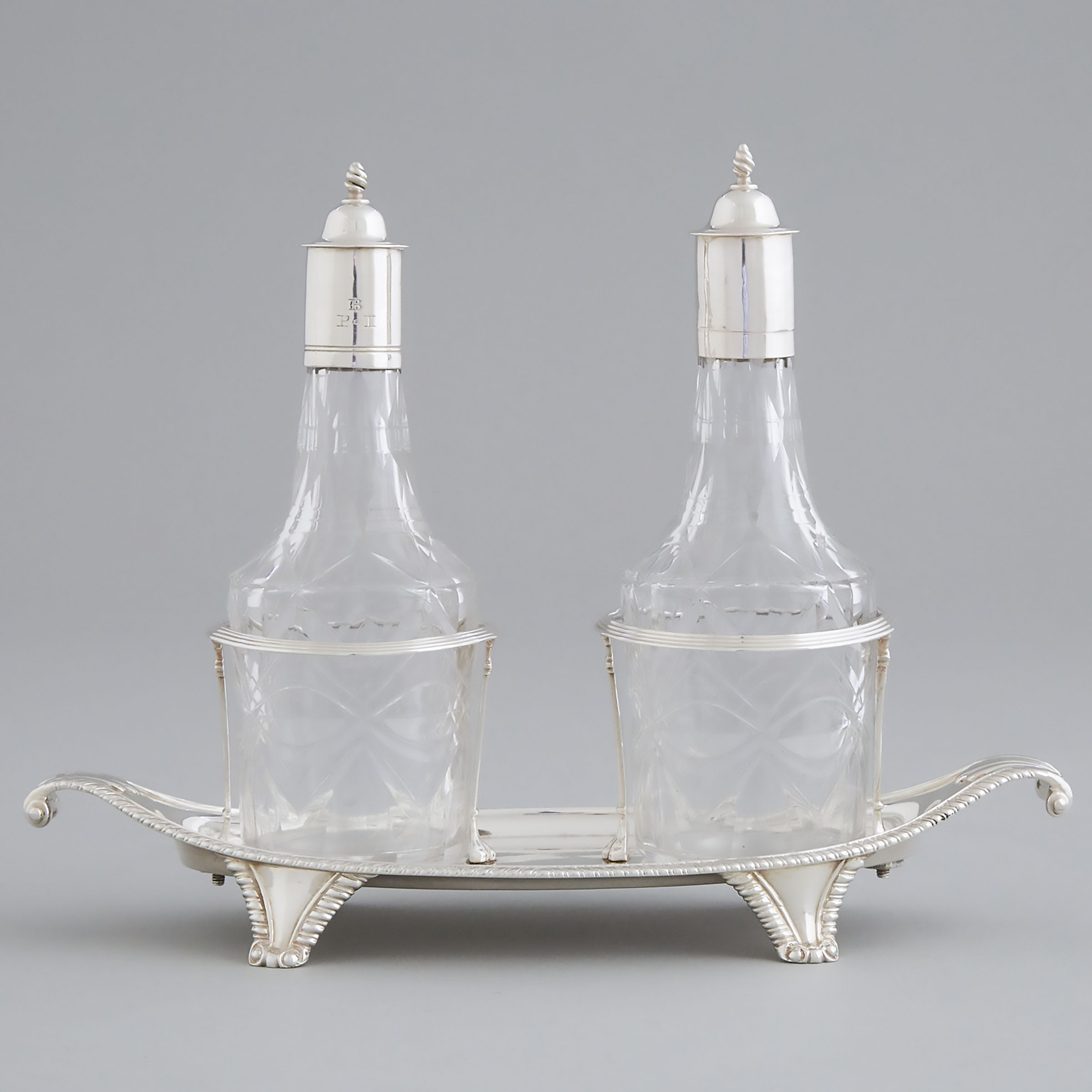 George III Silver and Cut Glass Two-Bottle Cruet, John Schofield, London, 1798