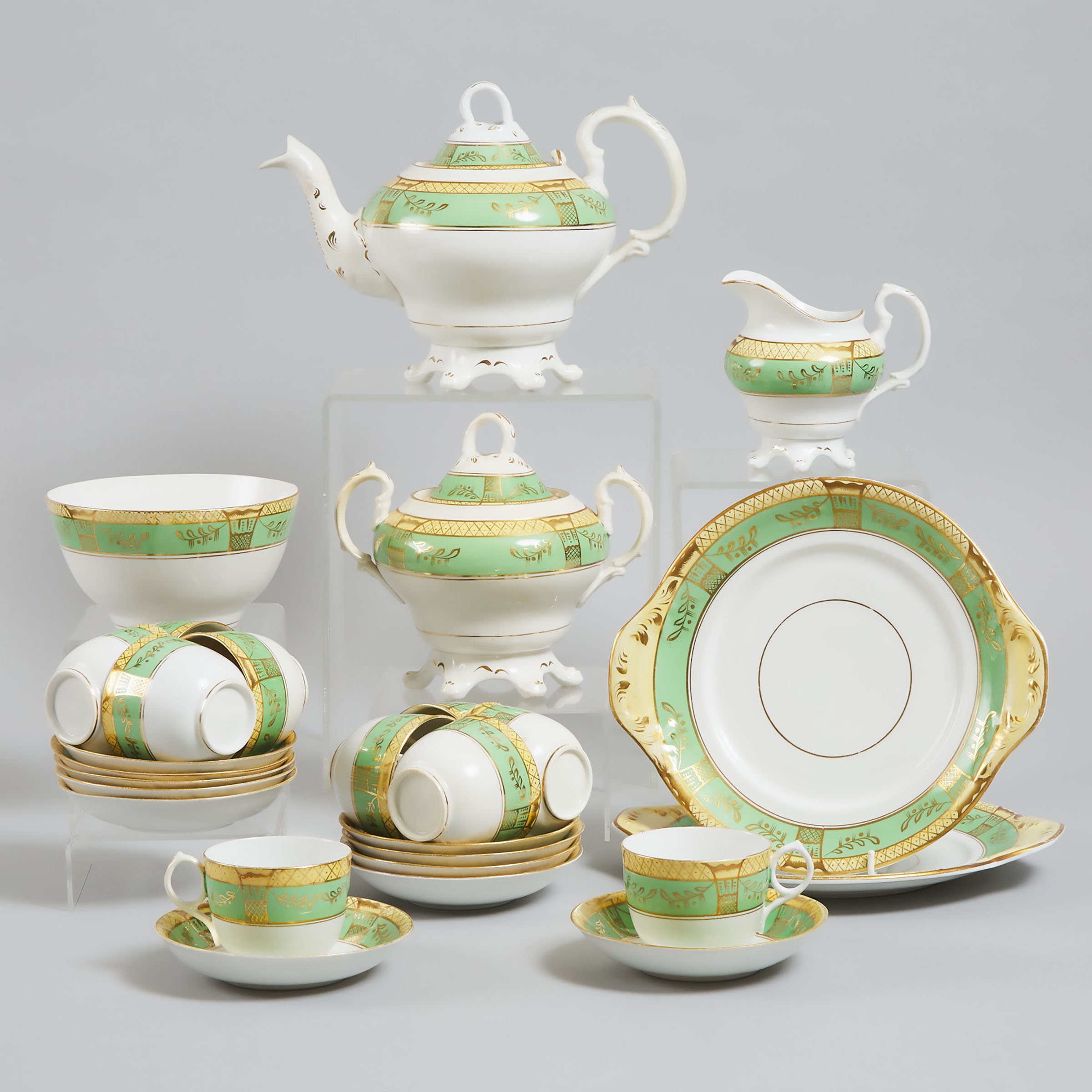 English Porcelain Apple Green, Yellow and Gilt Banded Tea Service, mid-19th century