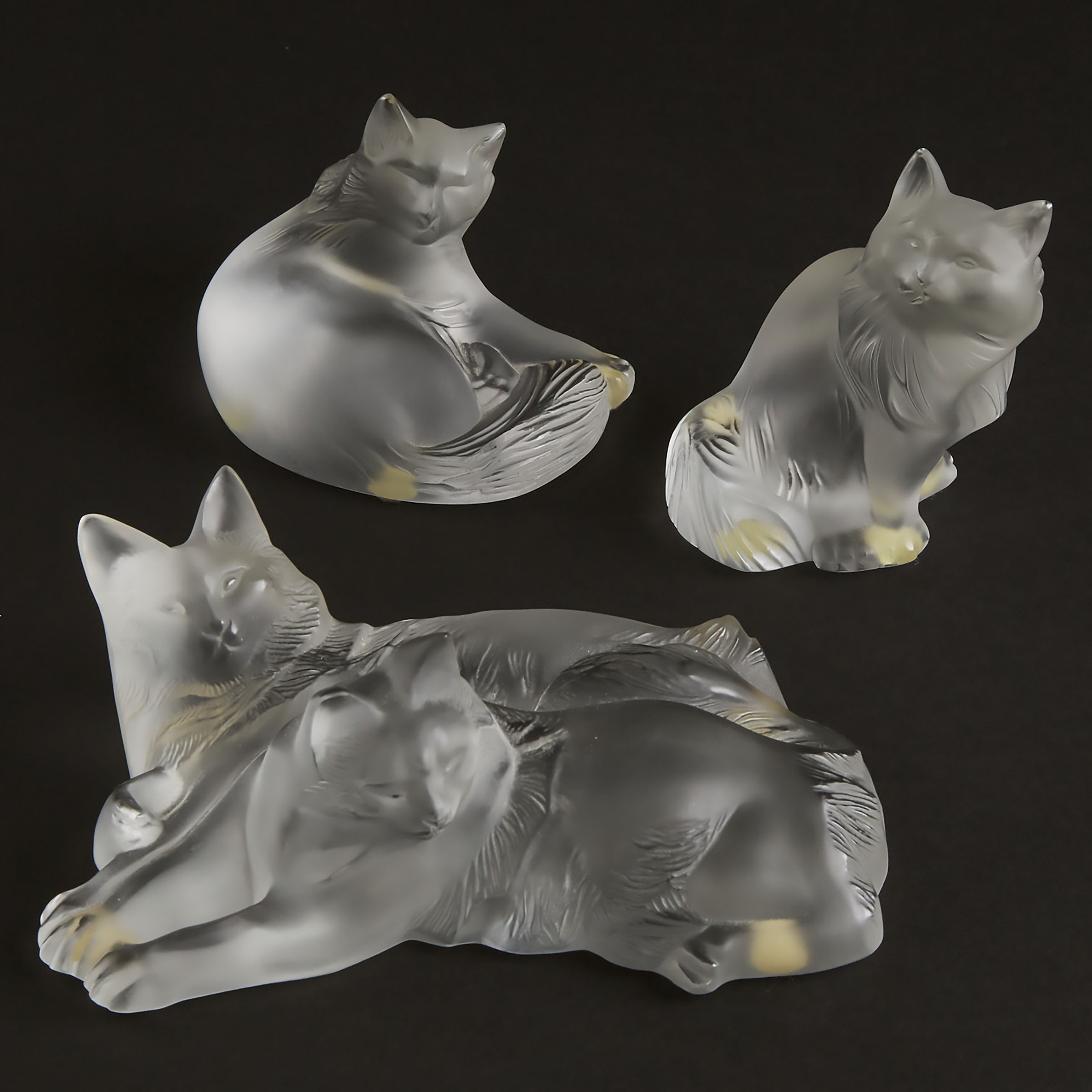 Three Lalique Moulded and Frosted Glass Cat Figures, post-1945