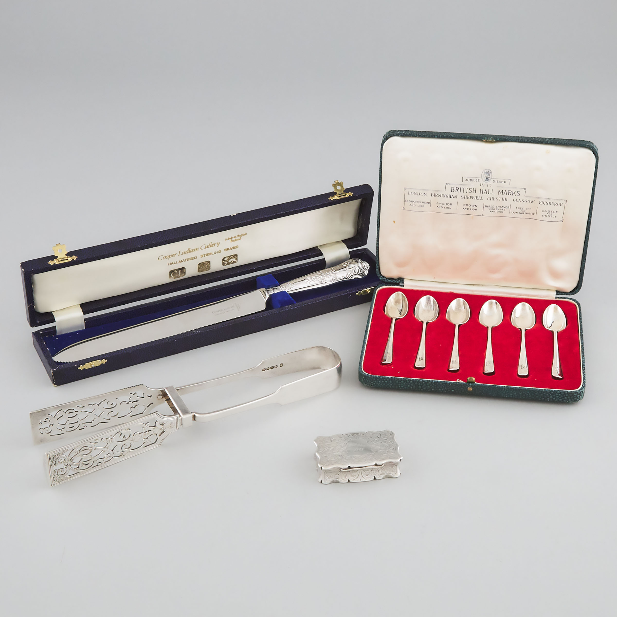 Victorian Silver Snuff Box, Six English Silver Coffee Spoons, a Bread Knife and Silver Plated Serving Tongs, 19th/20th century