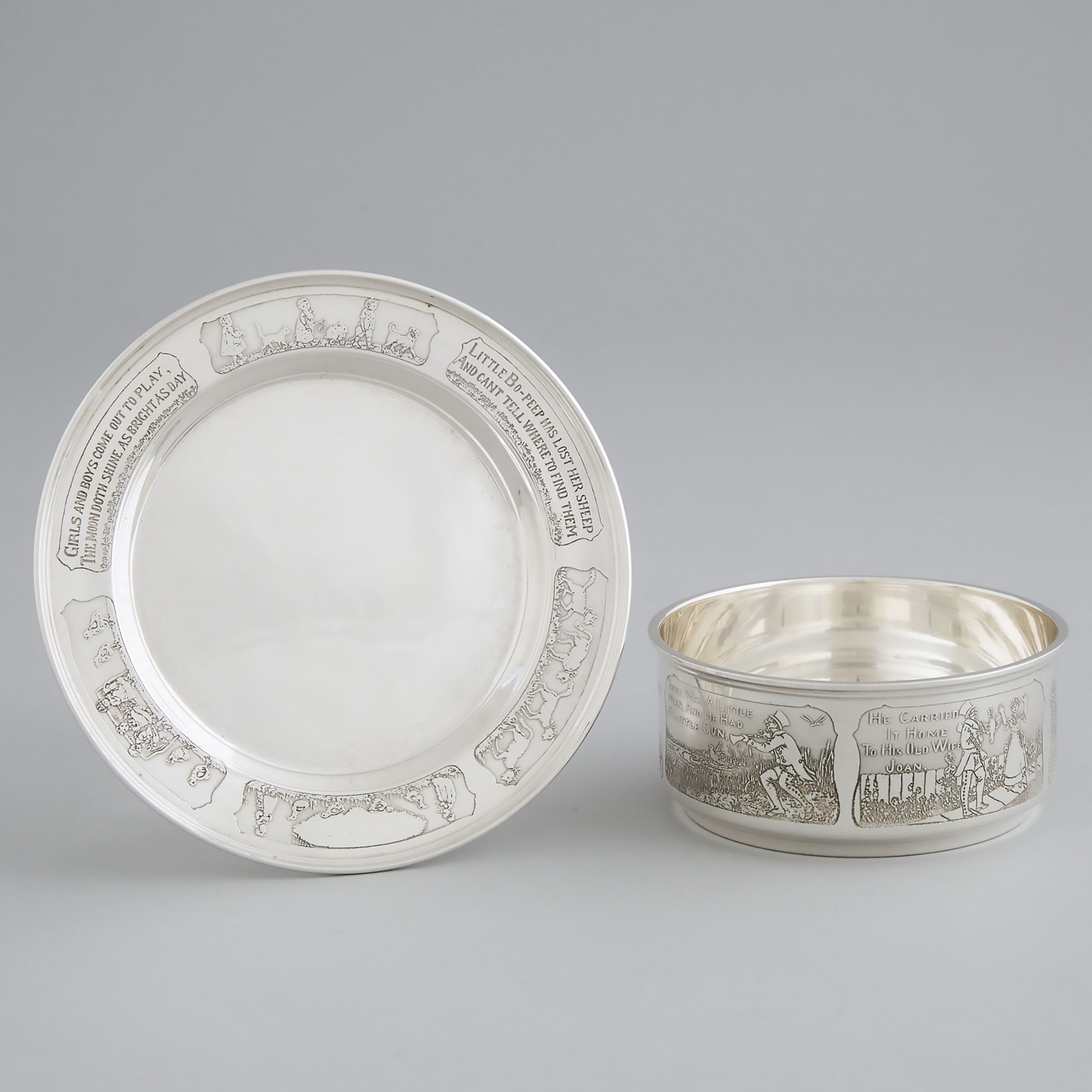 American Silver Child's 'Nursery Rhyme' Bowl and Plate, Watson Co., Attleboro, Mass., c.1920