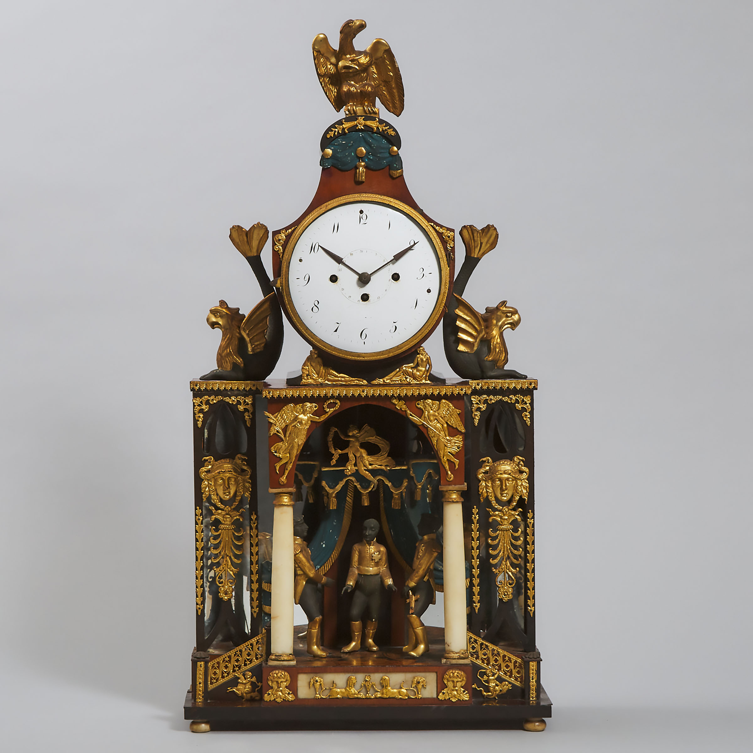Austrian Ormolu and Alabaster Mounted Rosewood, Ebony and Giltwood Grande Sonnerie Portico Clock, early 19th century