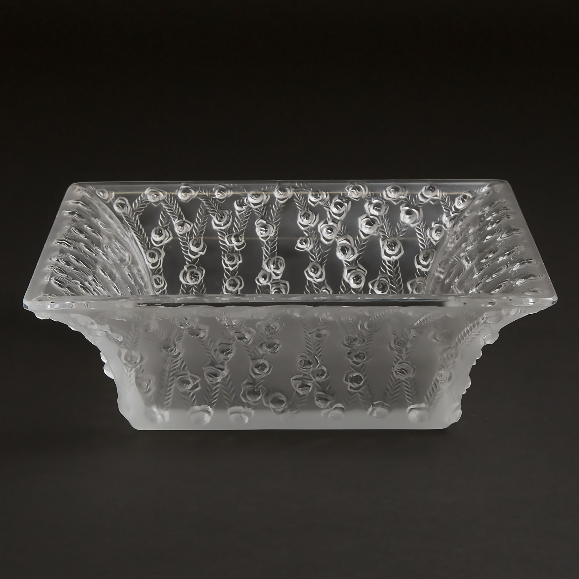 'Roses', Lalique Moulded and Frosted Square Glass Bowl, post-1945