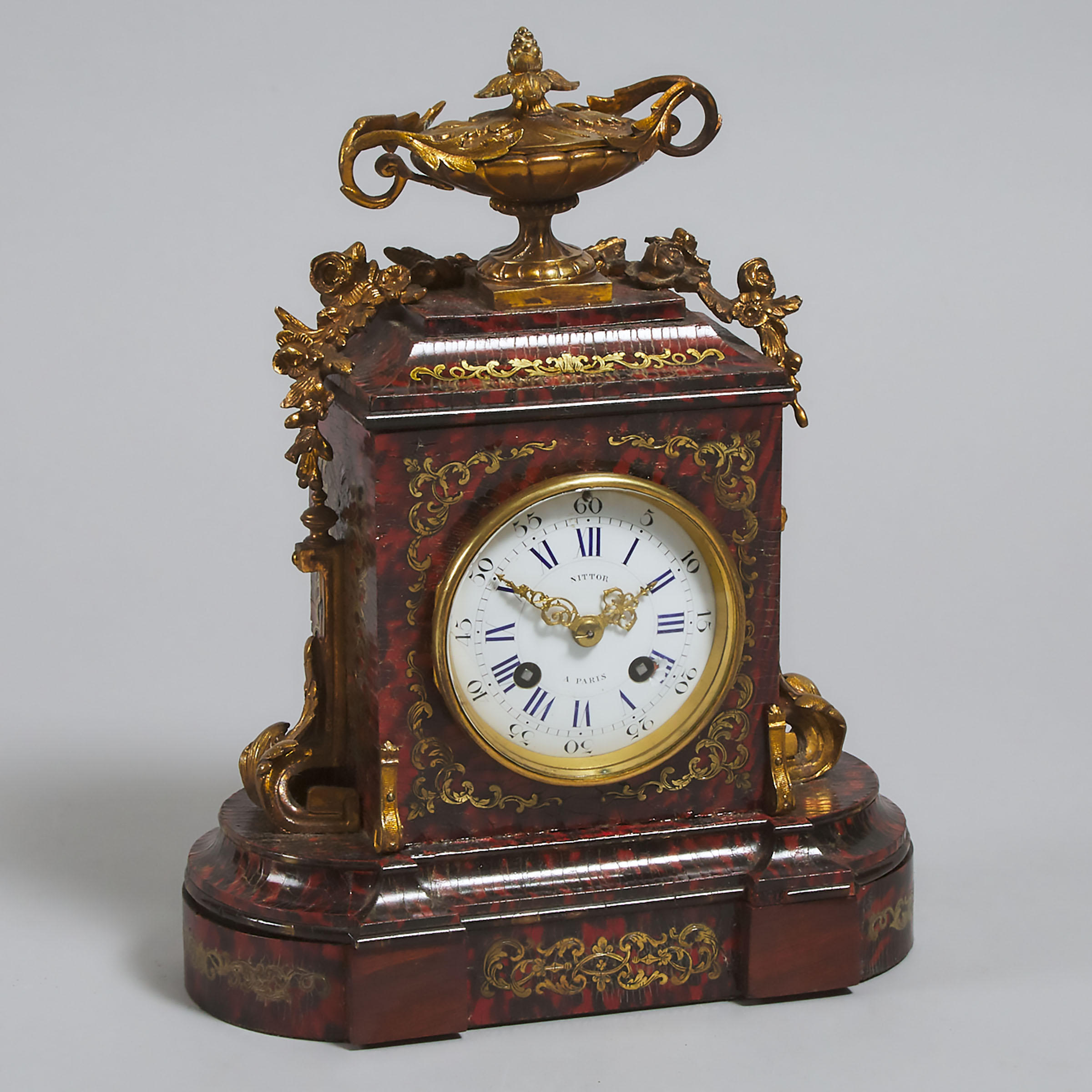 Petite French Ormolu Mounted 'Boulle' Work Mantle Clock, Nittor, à Paris, c.1860
