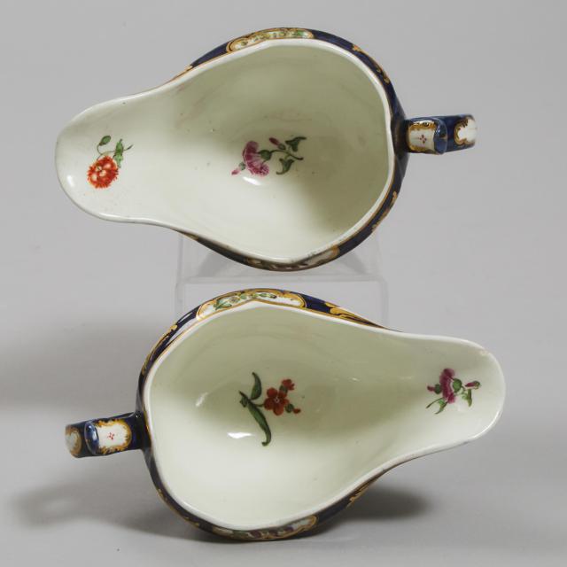 Pair of Worcester Blue Scale Ground Sauce Boats, c.1770