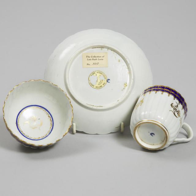 Worcester Blue and Gilt Fluted Tea Bowl, Coffee Cup and Saucer Trio, c.1780
