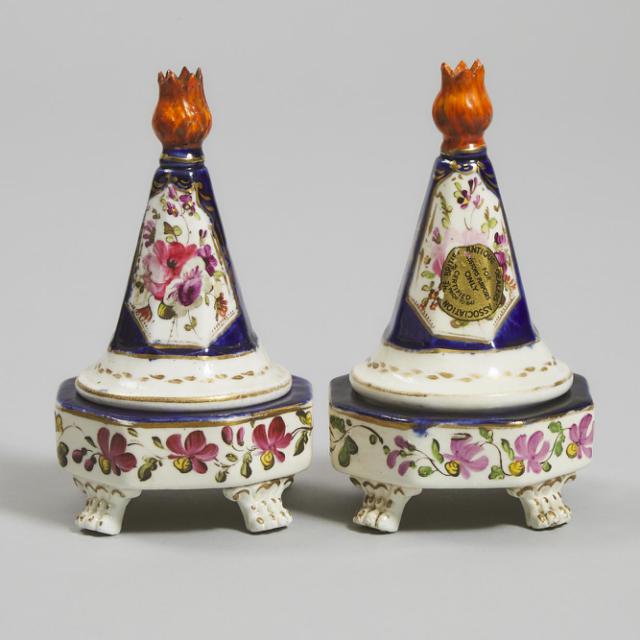 Pair of English Porcelain Octagonal Pastille Burners with Conical Covers, early 19th century