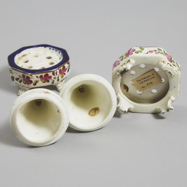 Pair of English Porcelain Octagonal Pastille Burners with Conical Covers, early 19th century